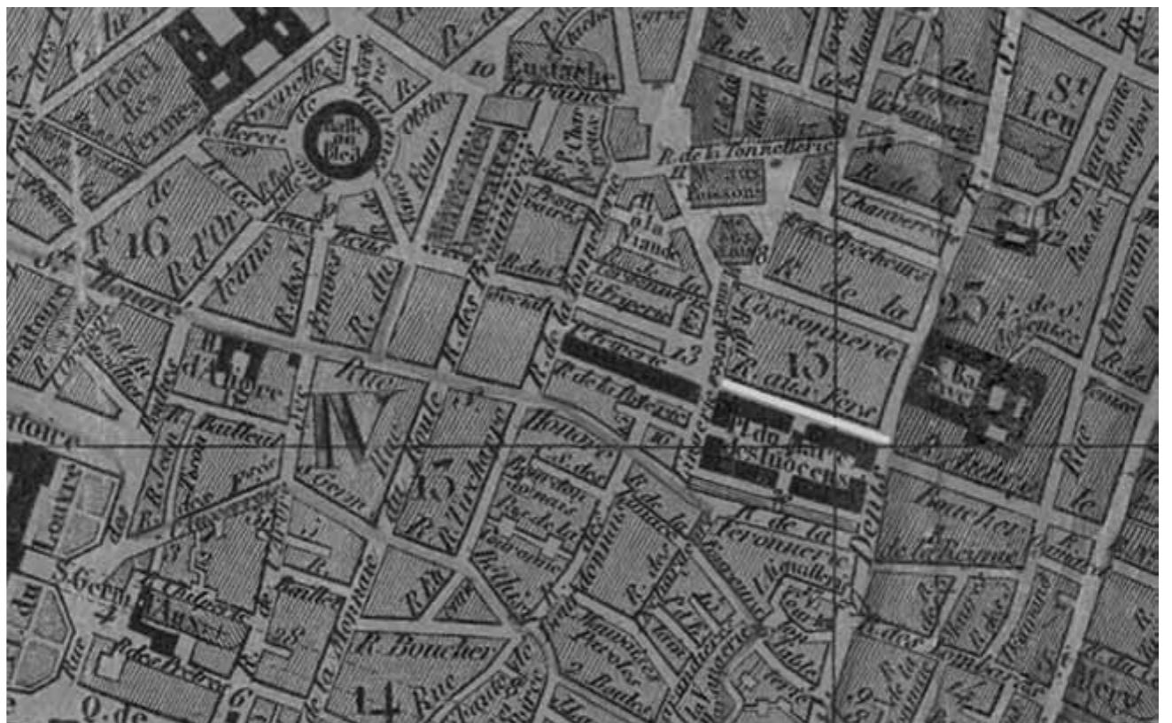 Plate 2: 26 Rue aux Fers (highlighted). “Plan de la ville de Paris, divisé en 12 arrondissements et 48 quartiers, dressé par X. Girard (1830).” BnF. 