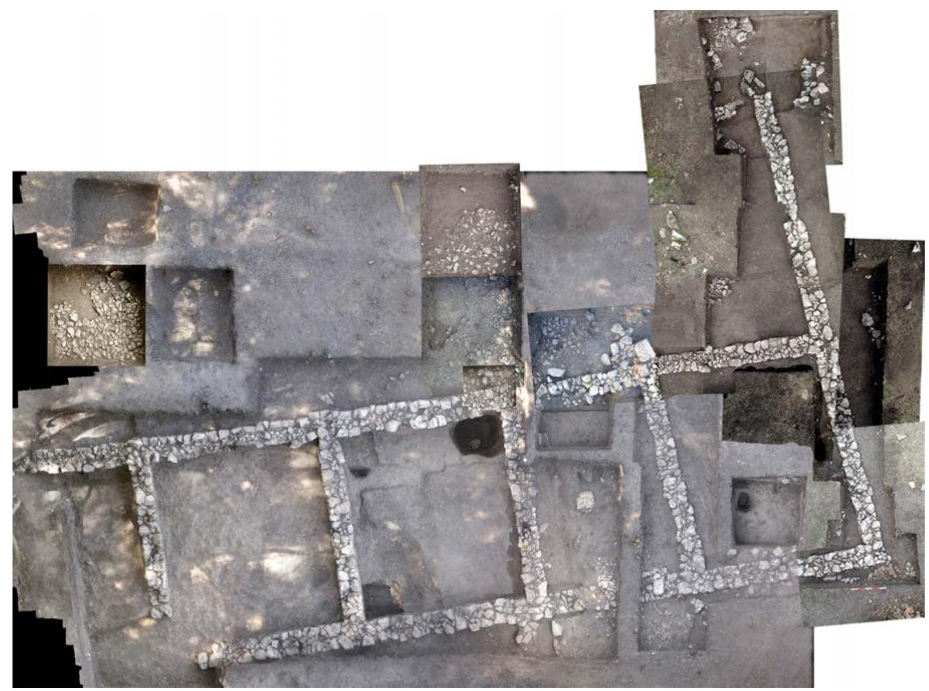 the looters to the virgin soil [SUoo7]. A big fallen tree was lying on the south-eastern corner of the room, preventing a small part of the area from the illegal excavation (see Fig. 3). Here, under the topsoil, a ditch of dimension 70x45 cm, about 20 cm deep was found, which was dug directly into the virgin soil. The fill [SUo21] of this ditch was rich on finds, featuring a mixture of different pottery classes, including amphorae fragments of Dressel 24 Family. Several of the pottery fragments had ancient breaks which joined together. Further, several terracotta lamps were retrieved (FRECER 2022, tab. 1:1, 6-8, 20); one blue hexagonal glass bead (Cistax- ova - ZLAMALOVA CiLovA 2022, tab. 6:1); one spacer bobbin (WEIssovA 2022, fig. 4:26); and several iron nails from roof construction and door decoration. There was very small amount  of animal bones (N¥vLTovA FI8AKOVA 2022, tab. 2). All thea material fram the All [eTiae7] wae camnarahiv lace feqgamentad than the ane nar:  