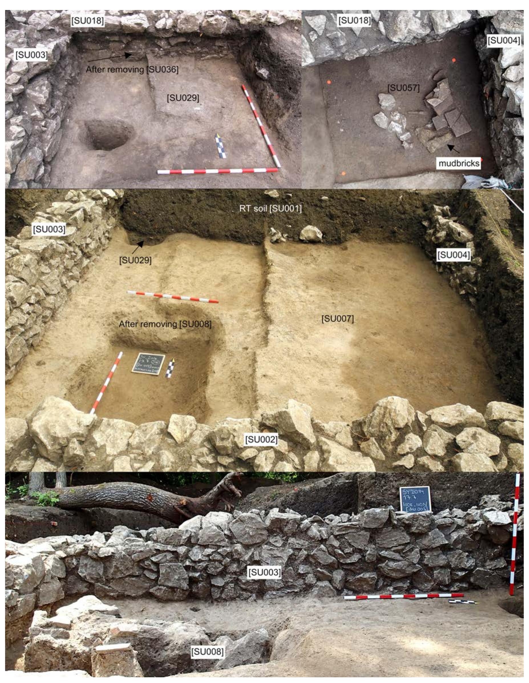 Fig. 4: Room C with photos of individual situations in various states of excavation - [SUo08], [SUo29] [SU036], [SU057]. Up: after removing the RT soil [SUoo1] - northern profile; [SUo29] with an exca vated corner, [SU057] before excavation. Middle: before removing the RT soil [SUoo1] - northern profile, with [SUo08] excavated to virgin soil [SUo07]. Down: an example of the foundation wall  [SUo03] running in a slight inclination in north-south direction dividing Room B and C. Photos by P. Tuslova. 