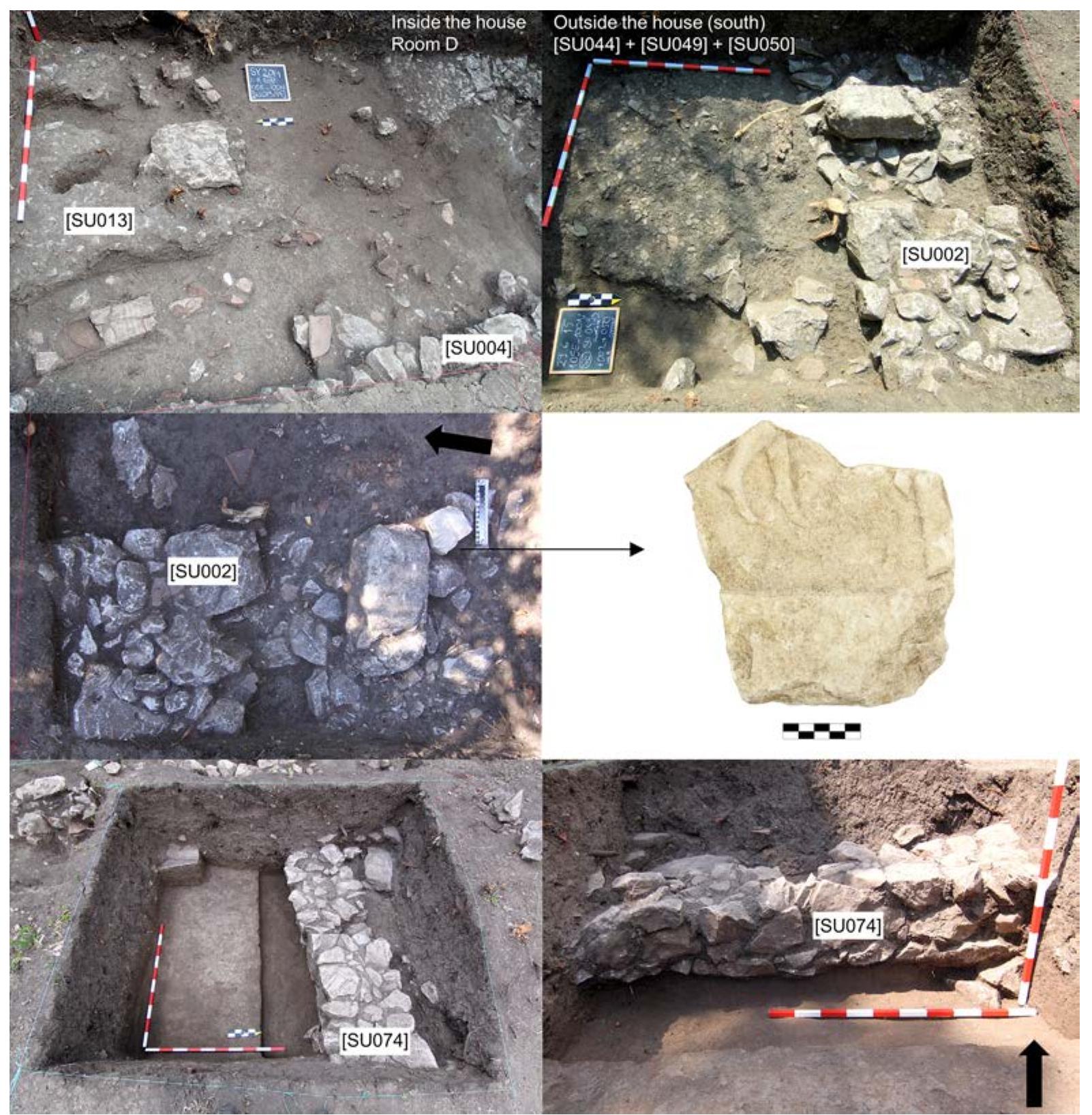 Fig. 5: Photos of Room D. Up, left: the inner pebble floor partly damaged by roots of trees with the terracotta tube in situ; up, right: the outer area south of the wall [SUoo2]. Middle: a fragment of the horse rider relief incorporated into the wall [SUoo2] (left). Down: the comparatively shallow northern wall [SU074] of Room D. Photos by P. TuSlova and J. Tlusta. 