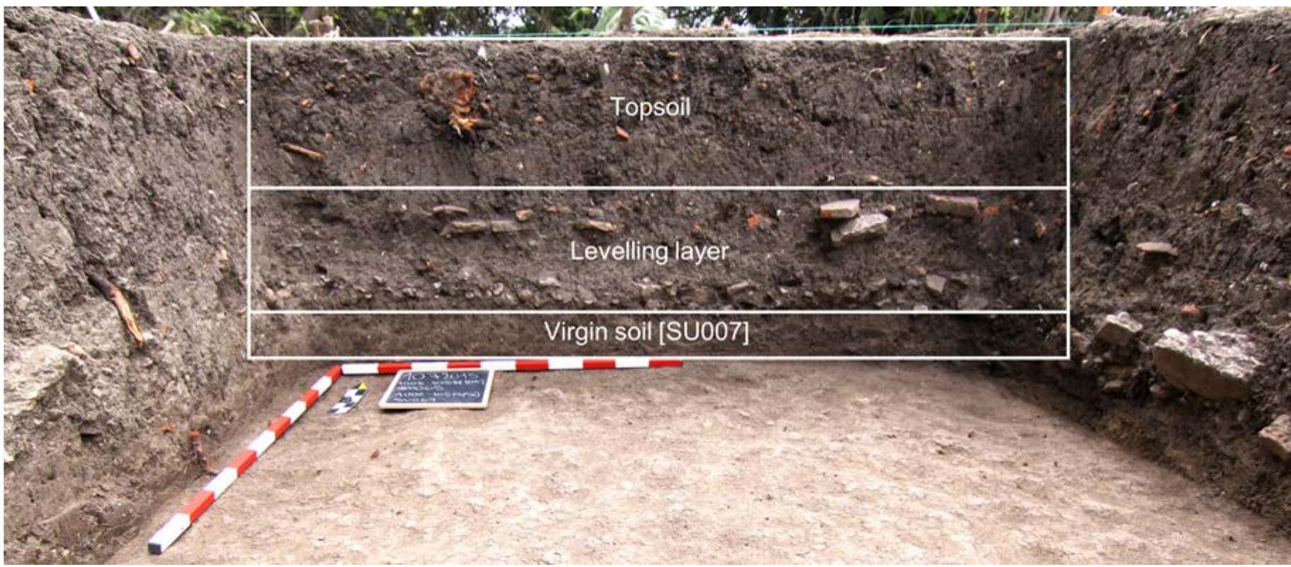 topsoil preserved a mixture of quite fragmented heterogeneous material. The yellow virgin soil had a sandy character which, together with its light colour, hints at its origin as an alluvium from the nearby Dereorman River. The grey compact layer in the middle of these, however proved to be the most important source of data. It seems to be an original layer, which was aid down within a single action as numerous pottery fragments retrieved from different ex cavated trenches/areas and from various heights of this thick layer joined together. It is very rich in material, including a high number of stones, architecture ceramics, pottery, animal bones, production wasters, and fragments of small finds. Because of its characteristics, it was marked as ‘levelling’ layer in the previous excavation reports, composed of the settlement waste mixed with stones and AC, which was spread over the courtyard in one action, perhaps for some land elevation purposes or as a drainage.   fhe exception to the described stratigraphy is a sector 90E_105N NE, north of Room A, where  inder the topsoil [SUoos], the levelling layer [SUo10] was covering a solid surface made oigger-size stones [SUo11] (Figs. 1, 2). Consequently, we may count here one more layer - t  stone layer [SUo11] - which seems to be residue of some road or path. The stones are closely aid next to each other without space for any other material. It is strange that in the trench  )5E_105N NW, which is just next to it on the east, no stone layer was found at all, and t evelling layer [SUo16] was laid there directly on the virgin soil [SUo25].  of  ne  ne  Tha mact interacting atiatinn canrcarning thea cniurtyward annaeared narth anf Ranme( and  T) 