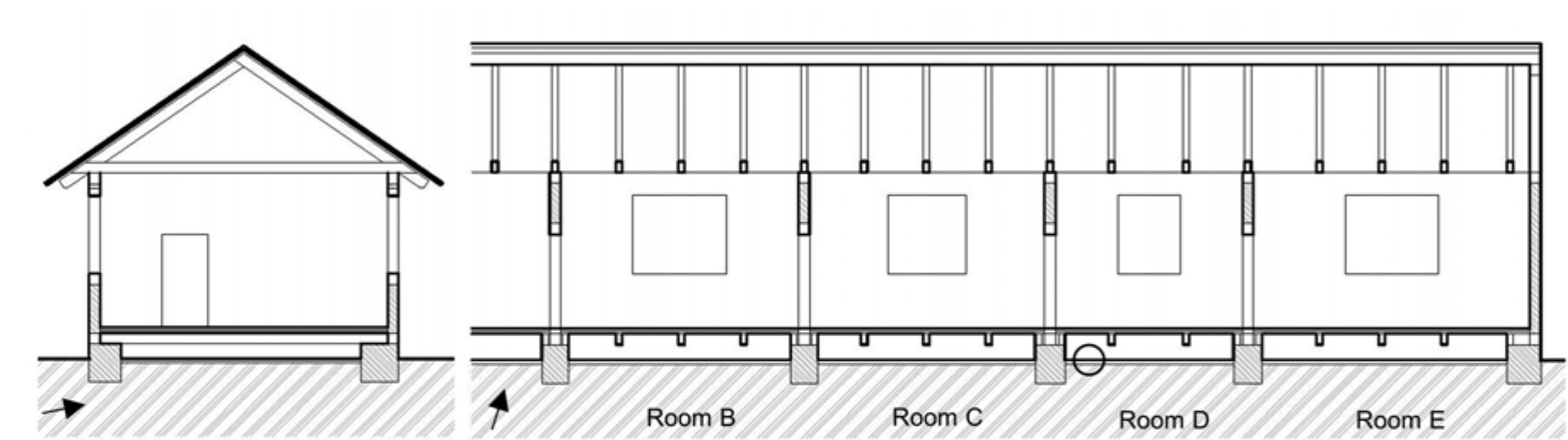 Fig. 11: Drawing reconstruction of the excavated house built directly on its ground plan. This recon- struction works with a hypothesis of an elevated wooden floor placed on the stone foundations (however, with necessary support); another possibility would be placing the wooden beams of the floor directly on the ground lined with pebbles which would require no additional support. Notice the terracotta water tube running in parallel to the western wall of Room D. Reconstruc-  tion by B. Jani. 