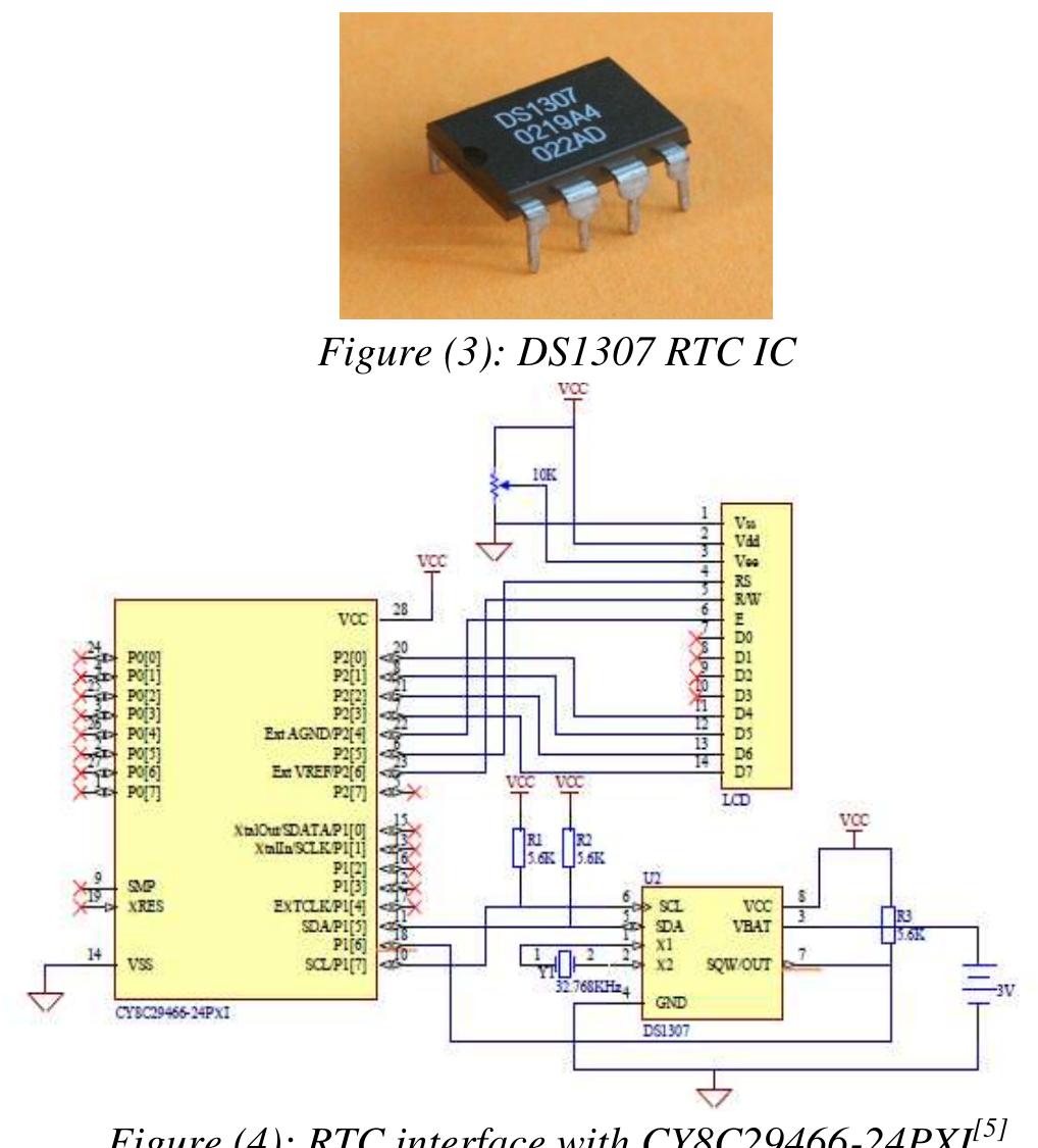 This unit consists of IC DS1307 serial real-time clock shown in Figure (3) which is a low-power, full binary-coded decimal (BCD) clock/calendar with 56 bytes of NV SRAM. It possesses a built-in power sense circuit that detects power failures and automatically switches to the backup supply. Timekeeping Operation continues while the part operates from the backup supply. In the system, the time tracked together with other sensing modules configures our system to be operating at realistic environment with high precision. Here as shown in Figure (4), I2CHW User Module of CY8C29466-24PXI acts I2C Master to retrieve date and time from the DS1307 RTC.  Obstacle Detection Unit 