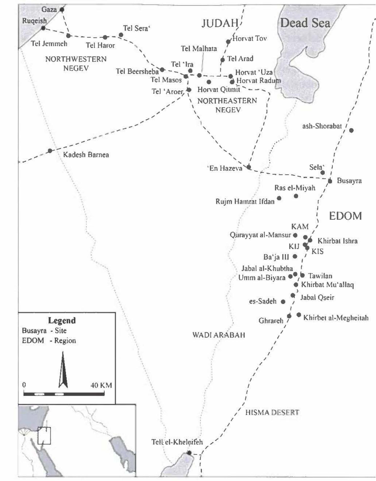 Figure 5.1 Map of the southern Levant showing Judah and Edom (map by author).  and myriad Arabian and Arabizing inscriptions from the southern Levant.’ Similarly, an inscription from the southern end of this trade network in present-day Yemen preserves a unique account describing one such trade expedition. The inscription records the caravan as traveling through Dedan to reach Gaza, a route that would cross through Edom and the northeastern Negev with the latter region identified in the inscription as the “towns of Judah.”" Likewise, the ecological marginality of Edom and its agropastoral 