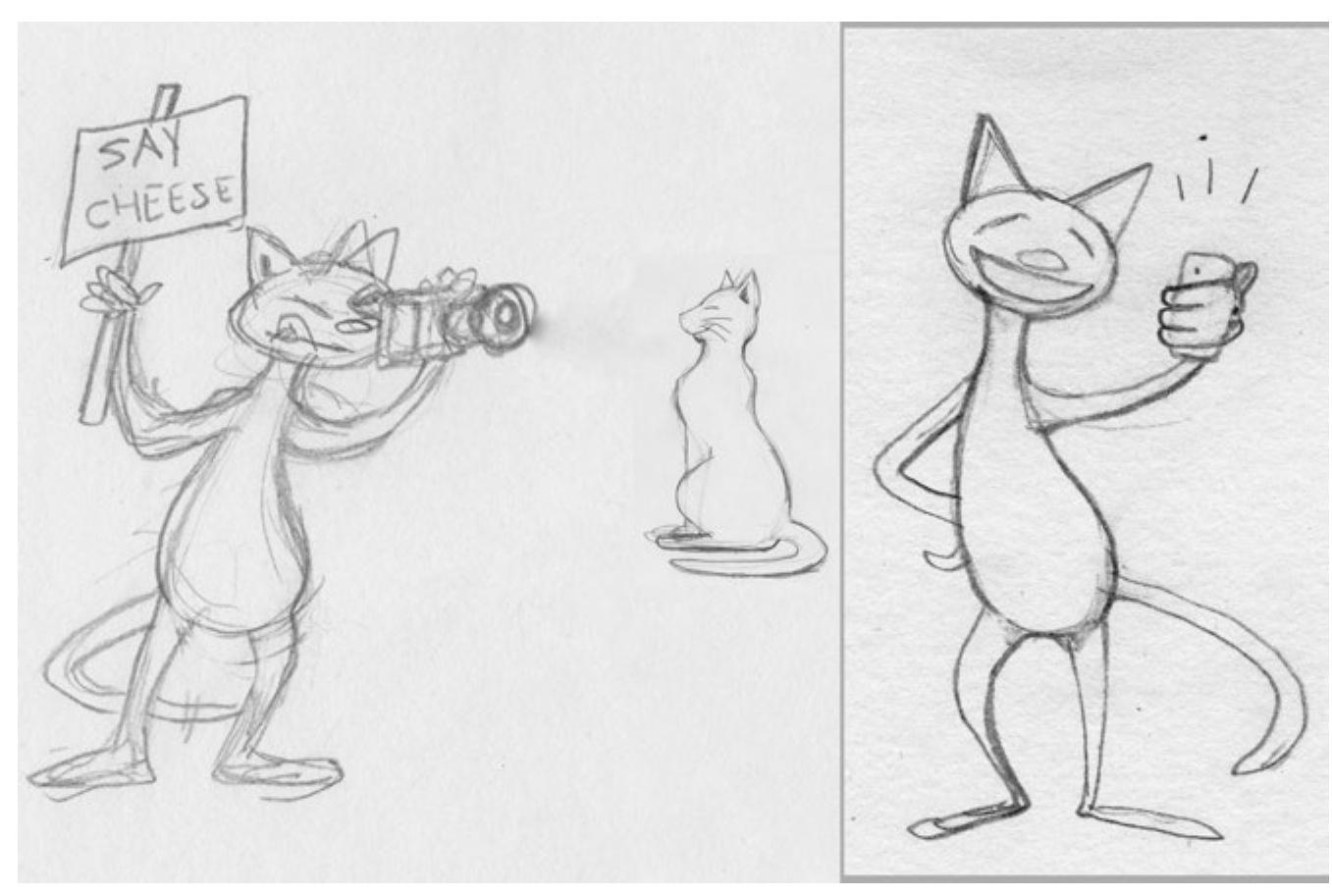 Fig. 2.1 Cat taking a selfie. A visual representation of the differences in spaces and relationships of looking between traditional photographic practice and selfie production. (Illustration created and owned by author) 