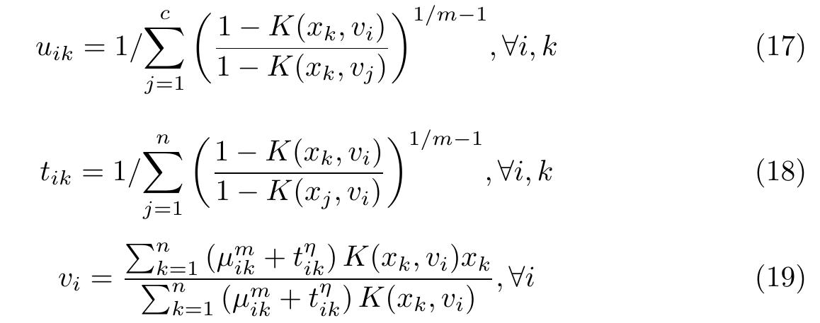 For our analysis we use, o as the maximum o between a* and b* channels. Parameters m = 2 and 7 = 2 as [13] propose were used.  Under the same conditions of the FPCM algorithm, we will have the first order necessary conditions for extrema of Jm,,(U,T, V) in terms of Lagrange multiplier theorem as follows.  Gustafson-Kessel Clustering The main feature of the Gustafson-Kessel (GK) algorithm is the local adaptation of the distance metric to the shape of the cluster by estimating the cluster covariance matrix and adapting the distance-inducing  Using a Gaussian function K(x, y) = e—lle-ull’/2 as kernel, K (ap, ~) = 1 and K (vx, Uz) = 1. Therefore, Ec. (14) can be transformed into the following form through this kernelization. 