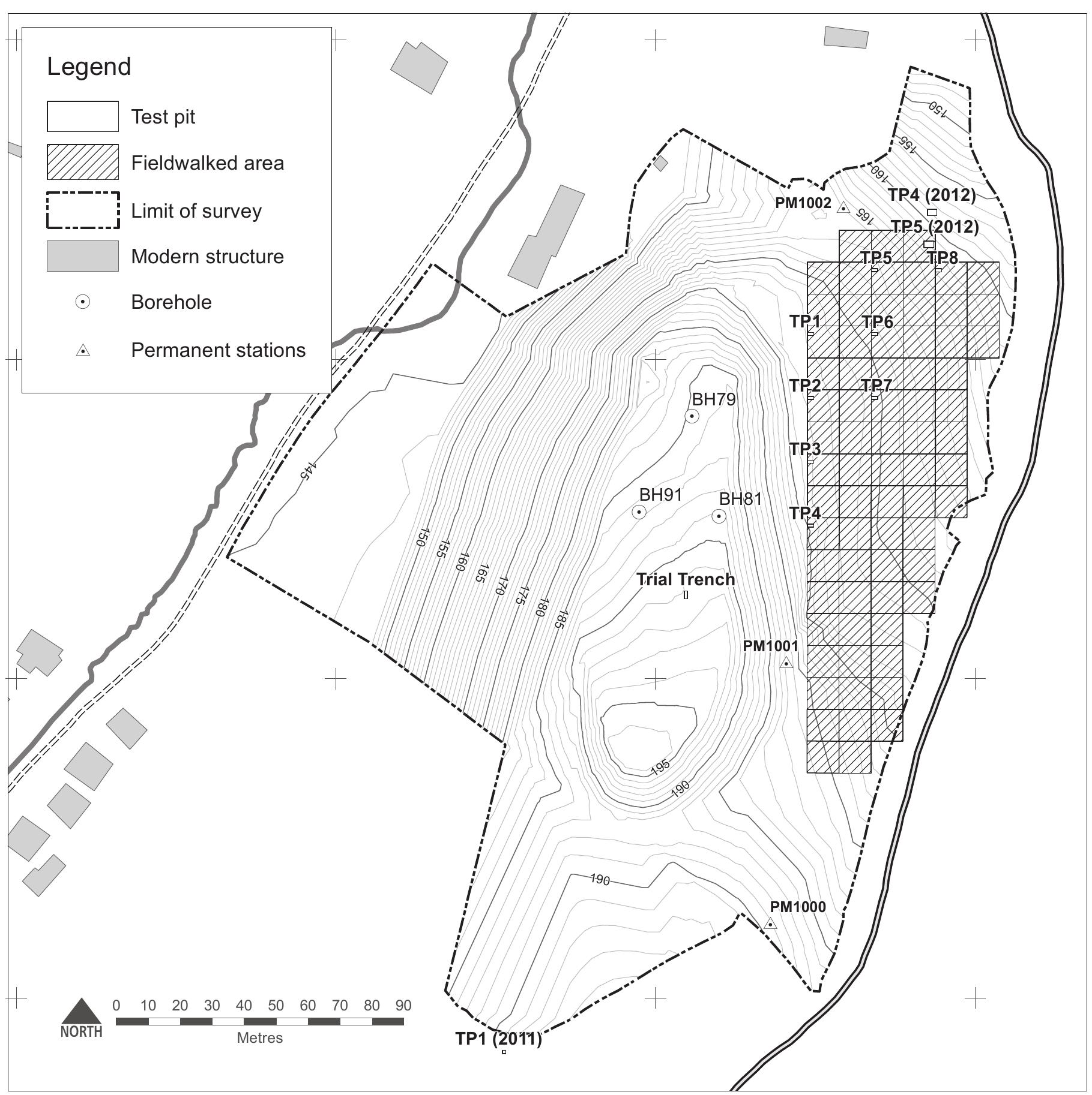 Fig. 3. Topographical survey of the hill-top and ‘shoulder’ area, with the fieldwalked area and test pit locations marked (D. Redhouse) 