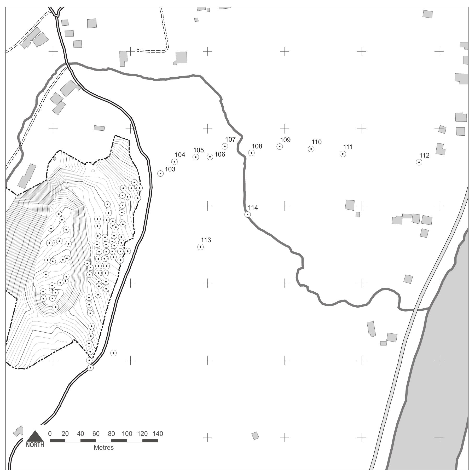 Fig. 5. Location of boreholes across the floodplain (D. Redhouse)  A total of 23 boreholes (79-102) were made on the hill-top area (Fig. 4). The southern part of the hill-top preserved a complex sequence of archaeological deposits and palaeosols which had developed during periods of abandonment, probably since the later Neolithic period. The deepest soil profile measured was c. 2.2m deep, a feature which was consistent in the majority of profiles. However it was clear that the northern part of the hill-top had experienced more exten- sive erosion than the southern half as there were shallow modern soils developed on relatively re- cent exposures of the shale bedrock. It was un- clear whether this erosion had been caused by anthropogenic activity and/or natural processes.  