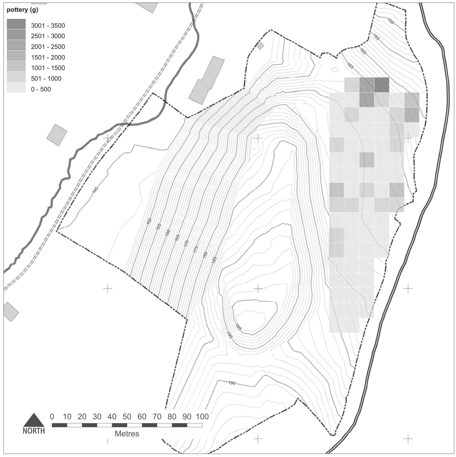 Fig. 6. Pottery concentrations by 10m square from the fieldwalking survey of the ‘shoulder’ area of Zecovi hil (D. Redhouse)  In order to characterise this hill-top part o the Zecovi landscape, three borehole profiles wil be described which reflect the stratigraphic re- cords revealed in Benac’s (1956) excavations as well as our own Test Trench 1 (see below). Soi profile 79 was typical of the soils that had formed on this landscape position. From 0-110cm, a relatively thick A/B horizon had formed show- ing weak horizonation due to extensive recen ploughing with abundant ceramic and primari- ly brick fragments. Then there was a lithologica discontinuity and then at 110-135cm a buried, dark humose, former A horizon defined. This also contained abundant ceramics, brick charcoa and other archaeological materials indicating   that this was a palaeosol formed on a sequence of thick archaeological refuse layers. Below (at 135- 165cm) was an earlier organic A horizon with a very high organic content and humose character. This sequence of two superimposed former or- ganic topsoils suggests that there had been con- siderable organic enrichment through human activities, a process known as cumulisation or soil thickening. At 165-215cm below there was a silt to silty clay loam soil which was indicative of the basal B (or cambic Bw) horizon with some illuvial clay of an in situ palaeosol.  