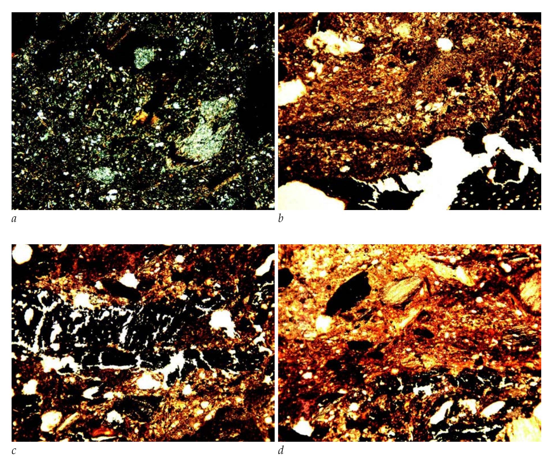 Fig. 17. Test Pit 4 (2013) soil photomicrographs (C. French/D. Redhouse): a. Photomicrograph of the sandy/silty clay loam fabric with fine stone, fine charcoal and dusty clay coatings in the groundmass and voids, sample 0005 (frame width = 4.5mm; cross polarized light); b. Photomicrograph of fine sandy/the finely lensed/laminar wood charcoal, fine stone and organic silty clay loam soil, sample 007 (frame width = 4.5mm; plane polarized light); c. Photomicrograph of lens of partly humified/partly carbonised wood charcoal, sample 007 (frame width = 2.25mm; plane polarized light); d. Photomicrograph of wood charcoal and amorphous iron cemented sandy/silt, sample 007 (frame width = 4.5mm; plane polarized light) 