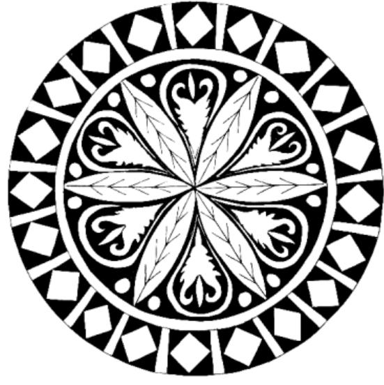 This sample was obtained in 1915 during Stein’s excavations (Fig. 3). This circular plaque consists of combined patterns- plant and geometric motifs- and is divided into two internal and external parts. The central circle is separated from the outer one by a white strip form. Inside the center of the inner circle a hexagram flower is seen, and between its leaves, a pattern resembling a palm tree or palm leaves is noticed. In the outer circle of this plaque, there are 20 squares along each other, in each white diamonds can be seen. 