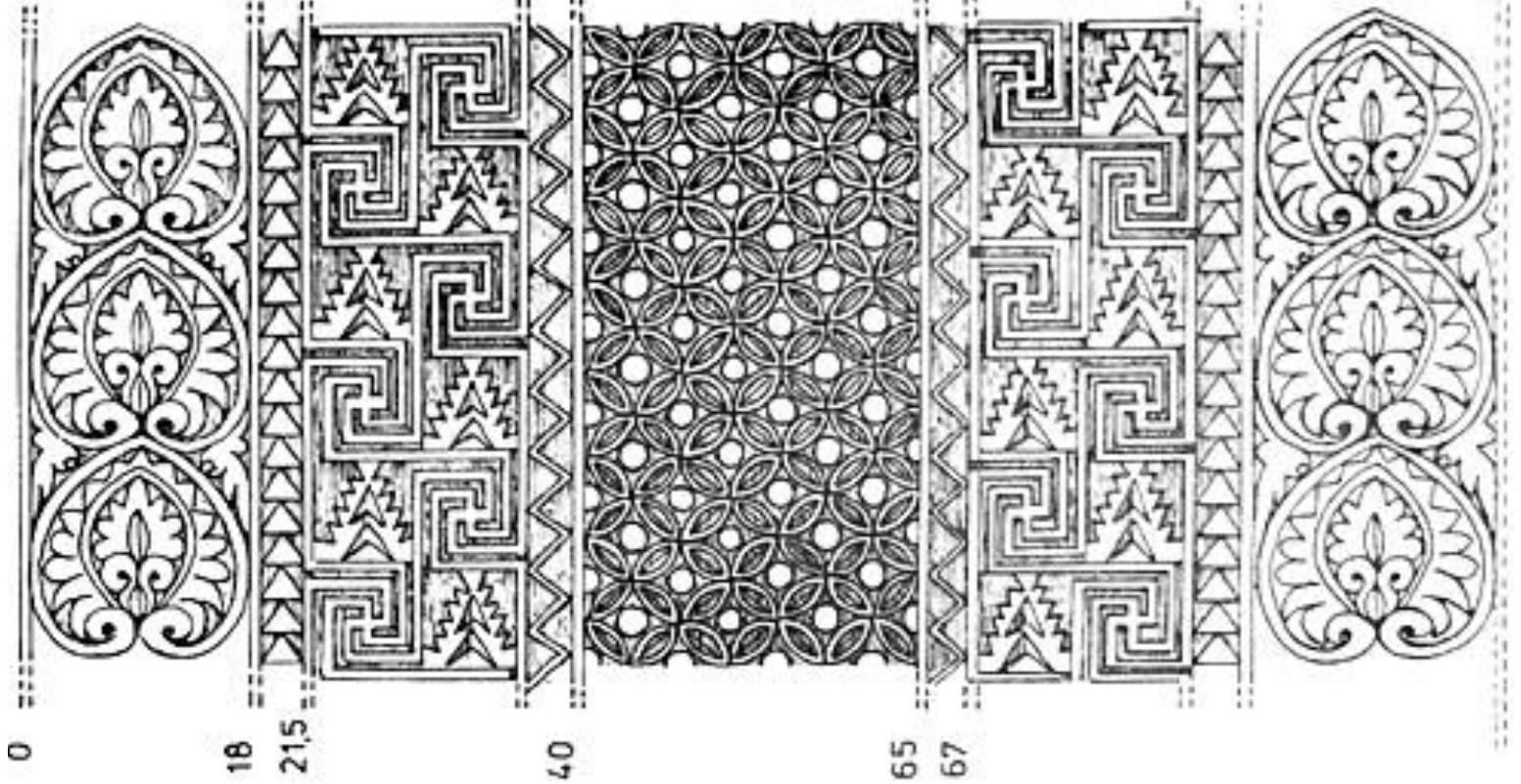Fig. 4. The Stucco Design of the Kuh-e Khvajeh, Herzfeld’s archive in Washington (after Kroger 2017: 344).  This stucco was discovered in 1925-1929 during Herzfeld’s excavations in the entrance gate. Herzfeld has published only part of this stucco; according to his detailed drawings and a photograph that was reserved, the following figure could be reconstructed (Fig. 4). According to his studies, the gateway was definitely equipped with a symmetric wall base in both sides which had been composed of vertical stripes beside each other**. This piece of plaque also includes combined motifs like sample no. 1. This piece is considered as one of the masterpieces of the Iranian historical period, due to the continuity and intermixing of the forms.  Dies Vek Som awileelad cp veewttabelece at EE Of meieee wit hattlaweewmst laa Oe 