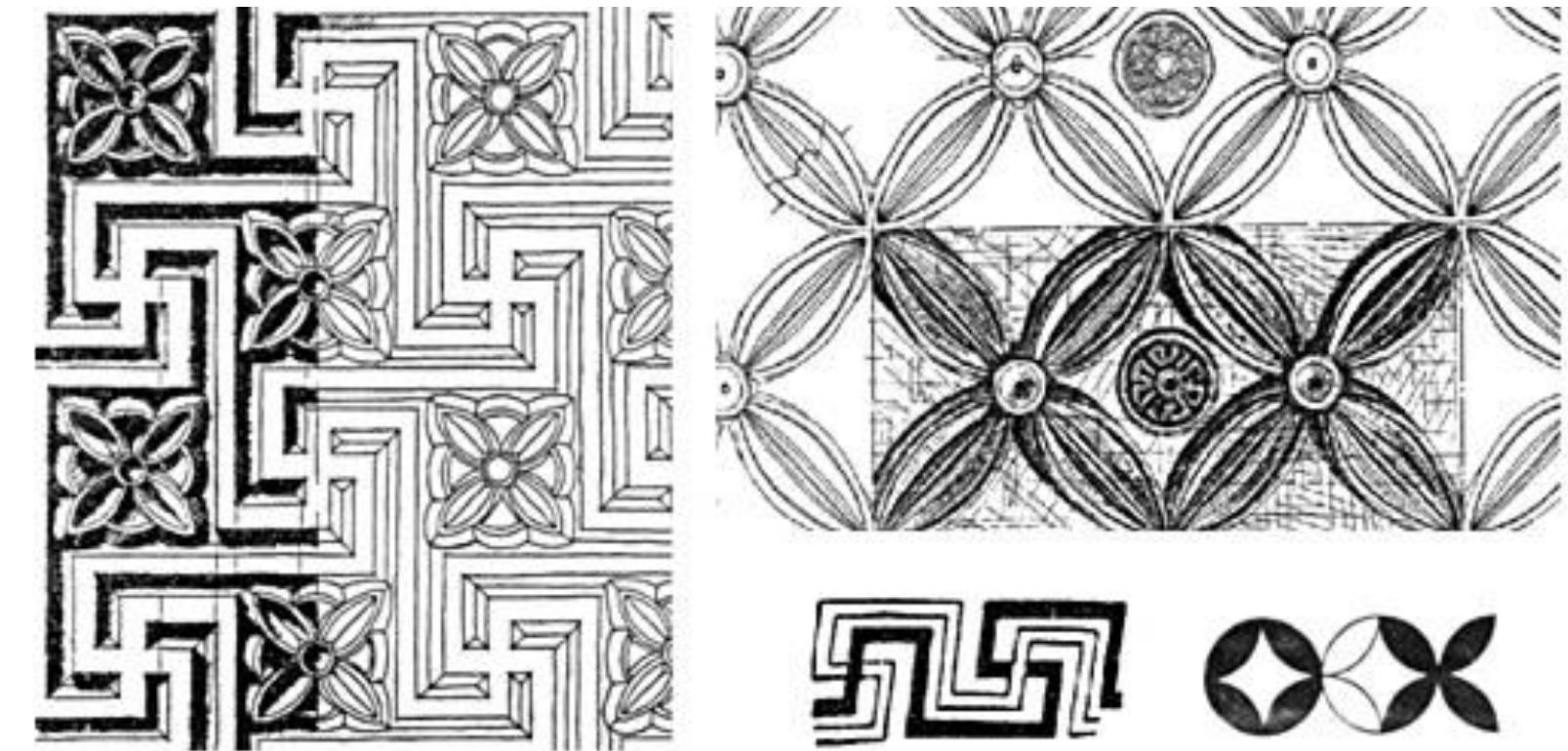 Fig. 9. The stucco obtained from Ke’ (after Pope, Ackerman 2008).  On the plaque obtained from the Kuh-e Khvajeh Palace, battlements replace  the quatrefoil flowers and create a single image with the swastika. In the Bi8aptr and  Qal‘a-ye Zahhak sites, we can also find battlement stuccos which are different in their shapes. A plaque was obtained from Bi8aptir, exactly from the mosaic hall including a battlement stucco, in which there is a decorative palm tree. The battlement stucce of Qal‘a-ye Zahhak is composed of four morphological and in the middle of which the figure of the hexagram is visible in the circle-shaped box (see Fig. 7B). Prada believes that the origins of these battlements should be sought in Assyrian battlement shelters, perhaps the use of this design had a concept other than decorating” The battlements can represent mountains and valleys. There are many sacred mountains around the world that are considered to be the residing place of gods and the linking point of the heavens and the earth, and height is something that access is restricted to the divine beings superior to humans”.  In addition to the swastika and hattlement. tanoent circles are ohserved.  