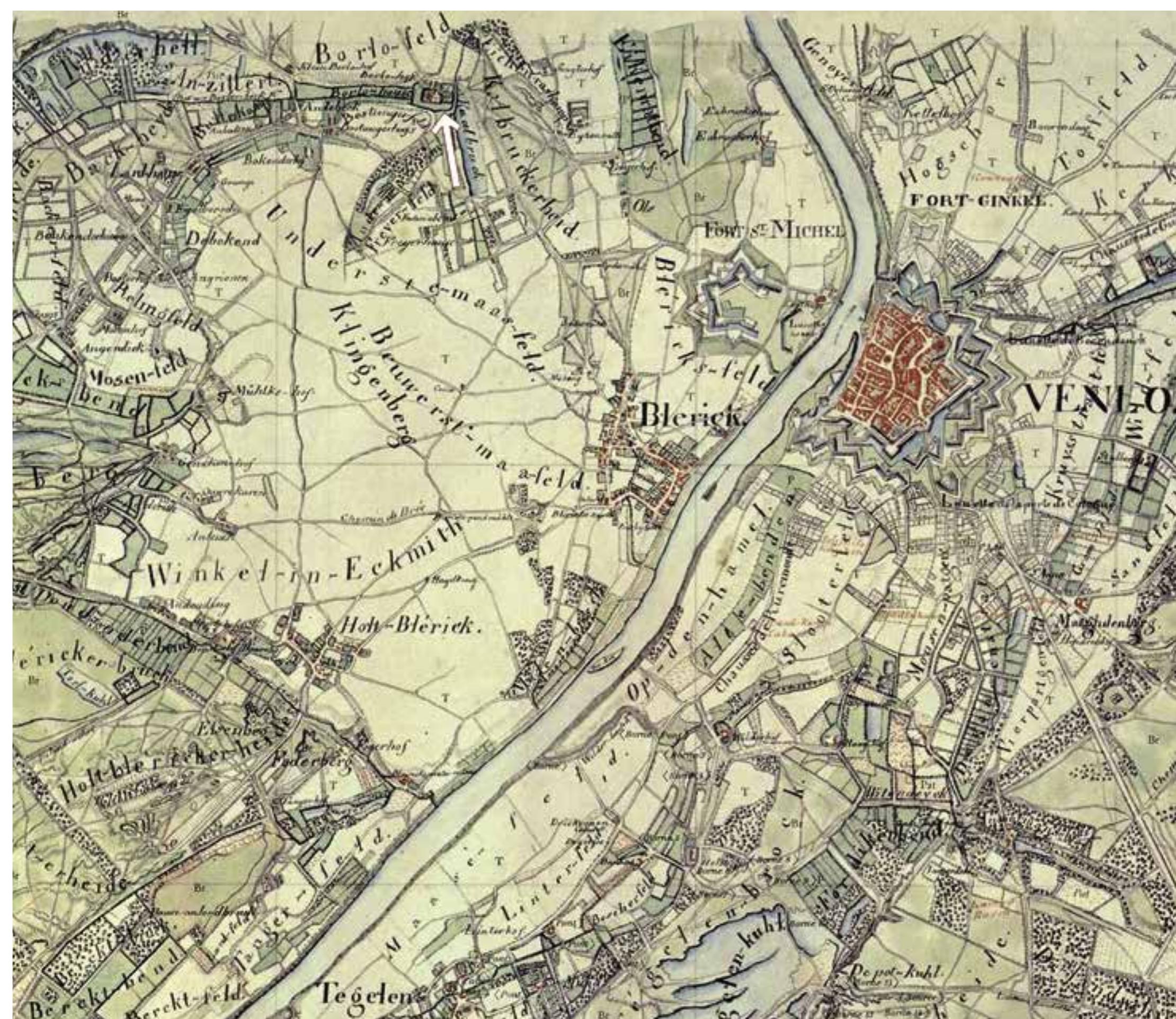 Detail van kaart 33 Venlo door Tranchot en v. Miiffling 1803-1820 met linksboven Huis Boerlo en Borlo-feld met Borlohof en Klein-Borlohof, waar tegenwoordig industrieterrein Groot Boller ligt. 