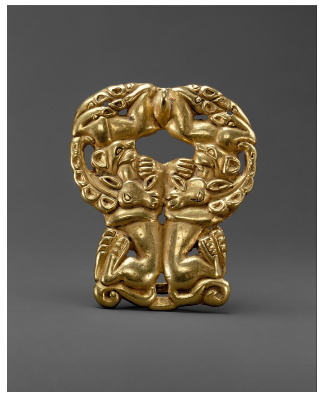 Figure 12. A buckle with paired felines attacking ibexes, Fifth to third century B.c.k. Gold. Source: The Metropolitan Museum of Art Database, New York 