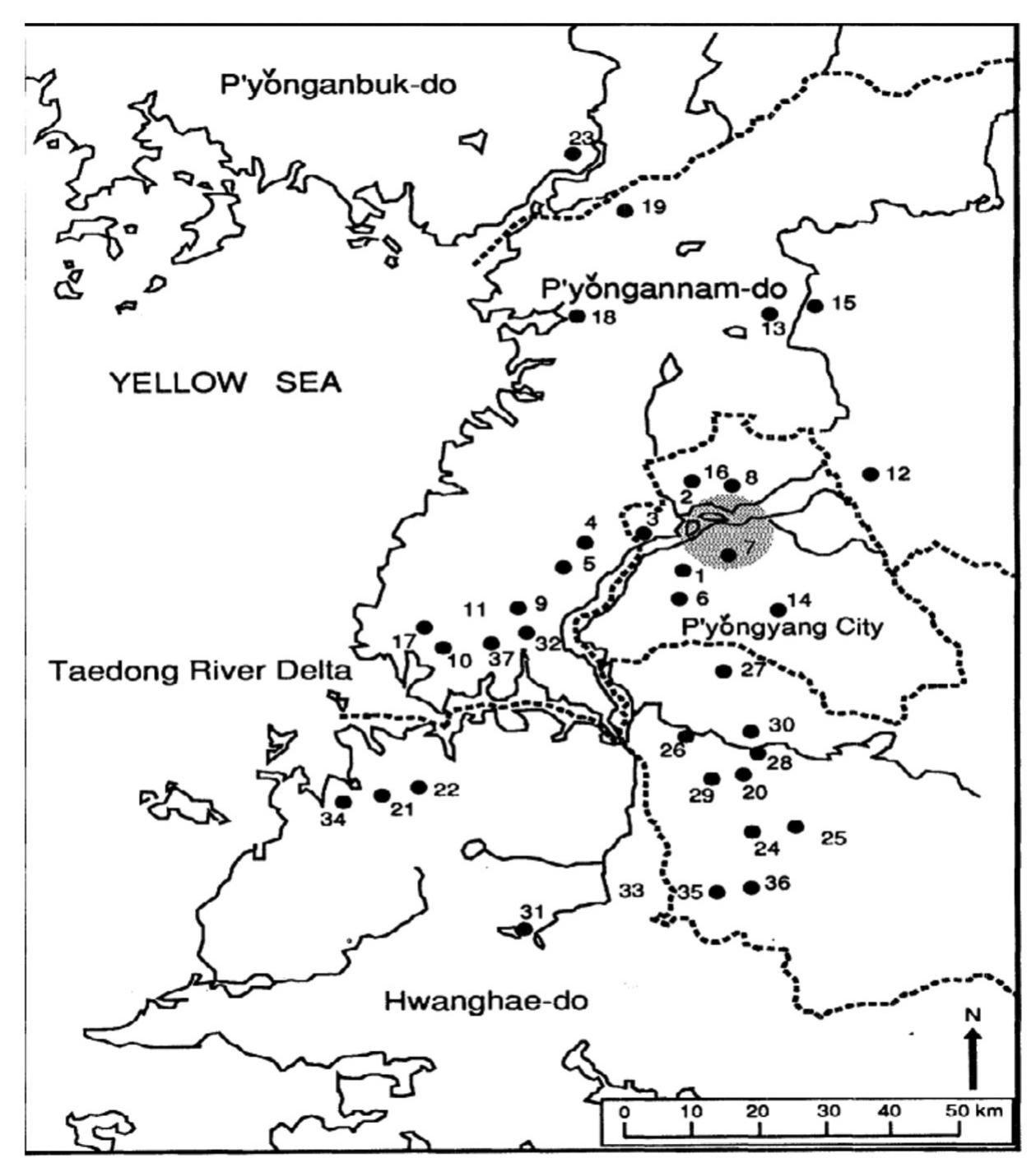Figure 23. Distribution of Han tombs in Lelang, North Korea. After Hyung II Pai 1992, 307. 