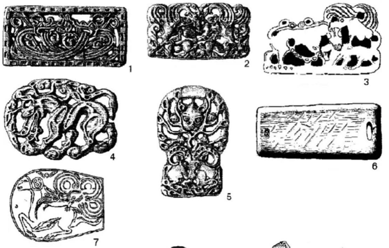 Figure 25. Dyrestui burial inventory. Bronze objects. Second century B.c.£., Xiongnu period.  stand-ins for body parts.  A closer look at the discoveries of Dyrestui, located in the Siberian republic of Buryatia, helps us understand the changes Iron-Age animal style underwent under the Xiongnu hegemony. Figure 25 shows plaques and buckles in openwork that continue the themes and visual tropes established in the arts of the early Eurasian nomads. Some of the imagery (Figure 25, nos. 2 and 5,) indicate a return to the bilateral symmetry trope, presenting two twin animals reflected along a vertical axis. In a clear reference to the earlier syncretic antler / zoomorphic juncture tropes, image no. 4 on the chart features a whimsical composite with a horse- deer body and antlers, terminating into bird heads (see Figure 25, no. 4). The majority of zoomorphic images are finished in openwork and often feature the steppe “braided rope” pattern. The contours are therefore significantly thinner and more “geometricized” than those in earlier Eastern steppe art. Evident also is the consistent utilization of the braided rope design, indebted to earlier Ordos trends.  More recent Xiongnu discoveries come from other parts of South Siberia. such as Tuva. which was once home to the earliest stenne find-  