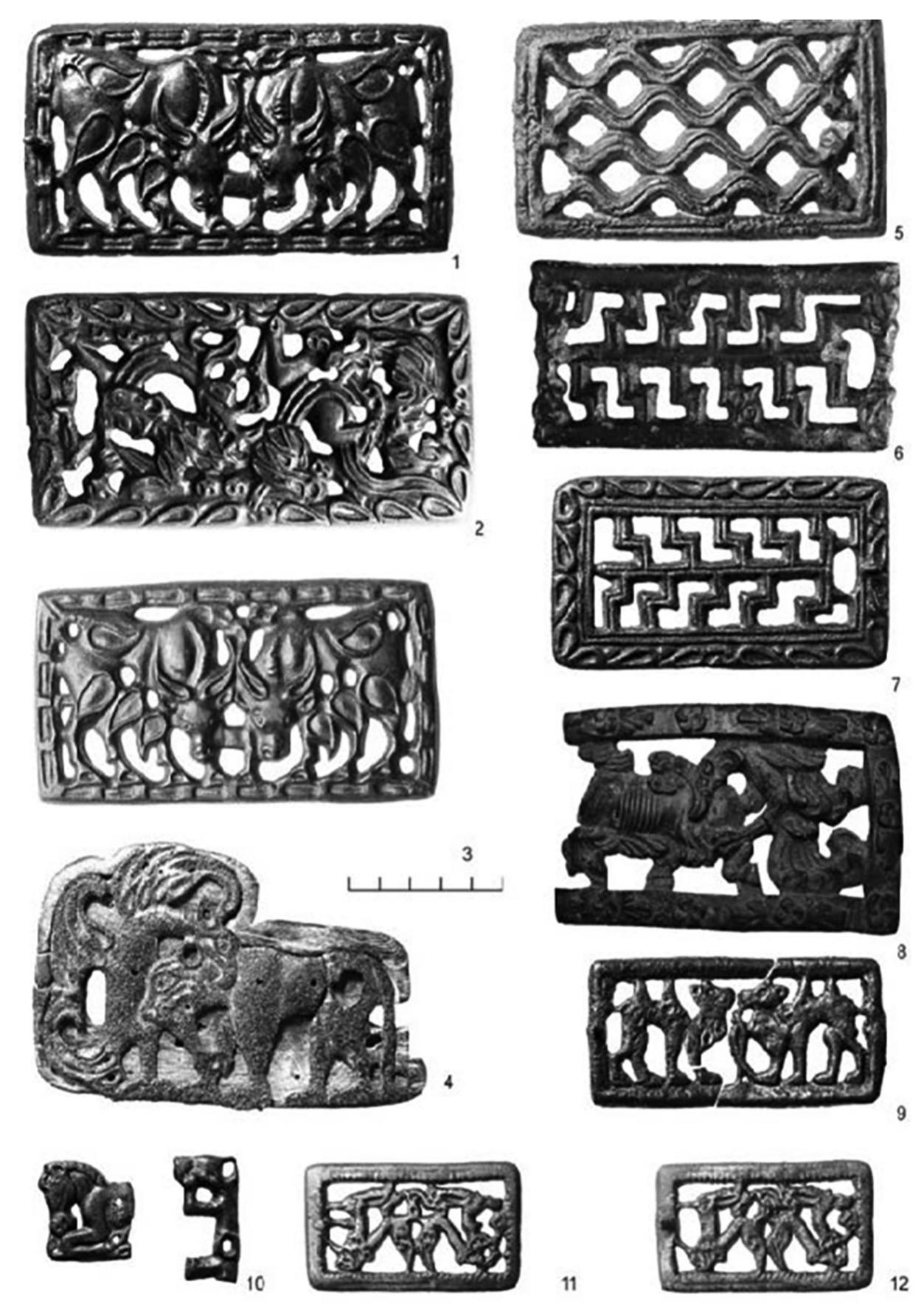 Figure 26. Bronze openwork plaques and buckles. Nos. 1, 3, 6, 7, 9, 10, 11, 12: Ala -tey 1; No. 2, 5: Terezin; No. 4: Urbyun III; No. 8: chance find from Bulun Terek. Second to first century B.C.E., Xiognu period. 