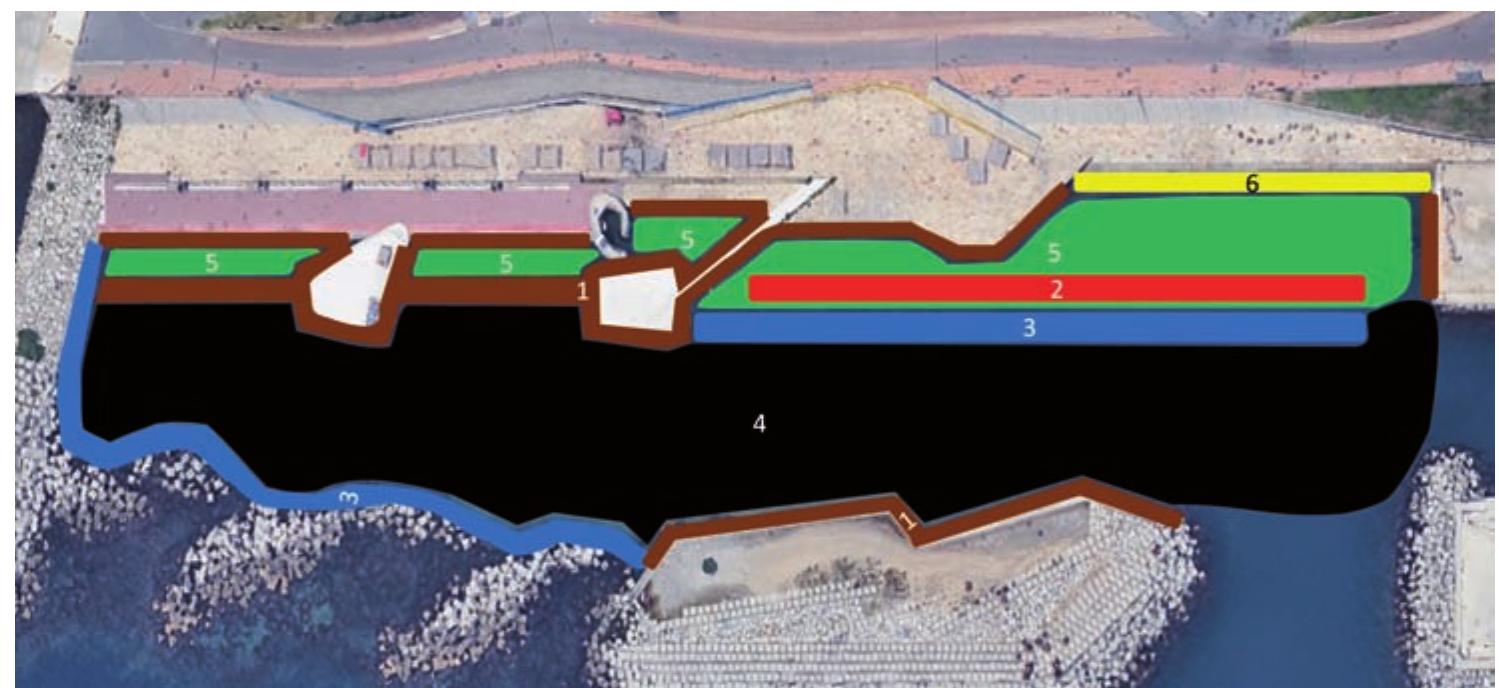 Figure 4. Habitats found in the Barcelona Forum bathing area: 1) Concrete walls; 2) Concrete pylons; 3) Big rocks area; 4) Silty bottom; 5) Flat concrete plain with sand; 6) Access stairs. 
