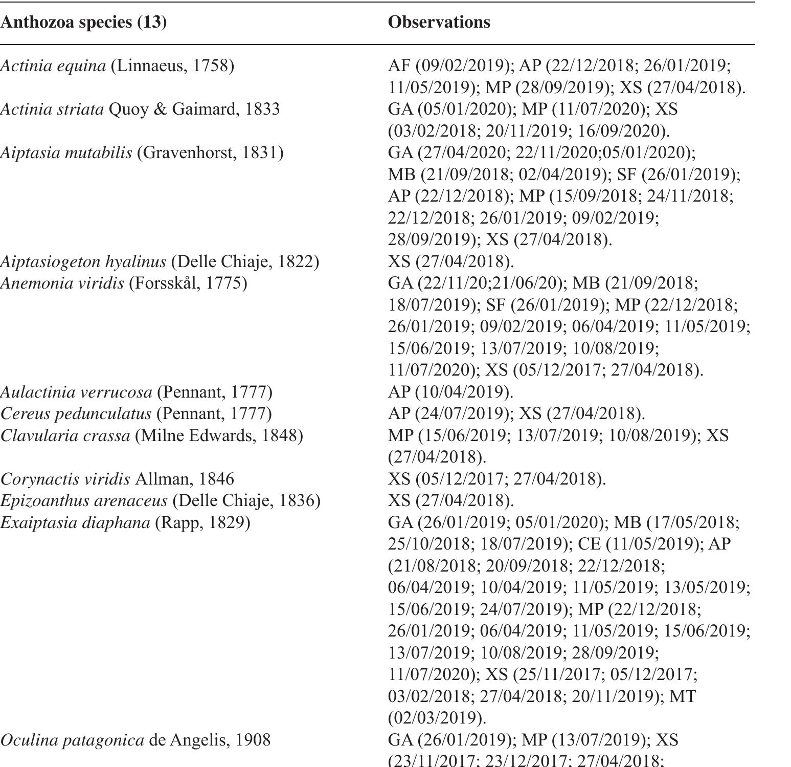 Table 4. Cnidaria species and observations (dd/mm/yyyy). 