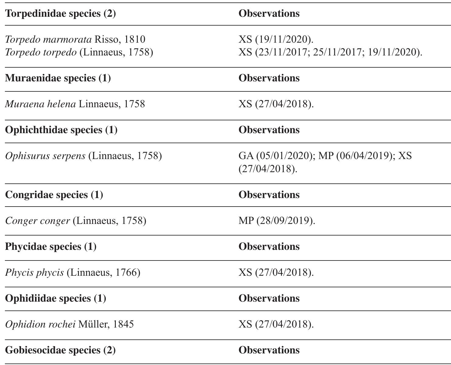 Table 12. Fish species and observations (dd/mm/yyyy).  Finally, it is worth mentioning the presence of the dusky grouper (Epinephelus marginatus) and the brown meagre (Sciaena umbra), both species of commercial interest and under high fishing pressure, classified in the Mediterranean as Endangered and Vulnerable, respectively. 