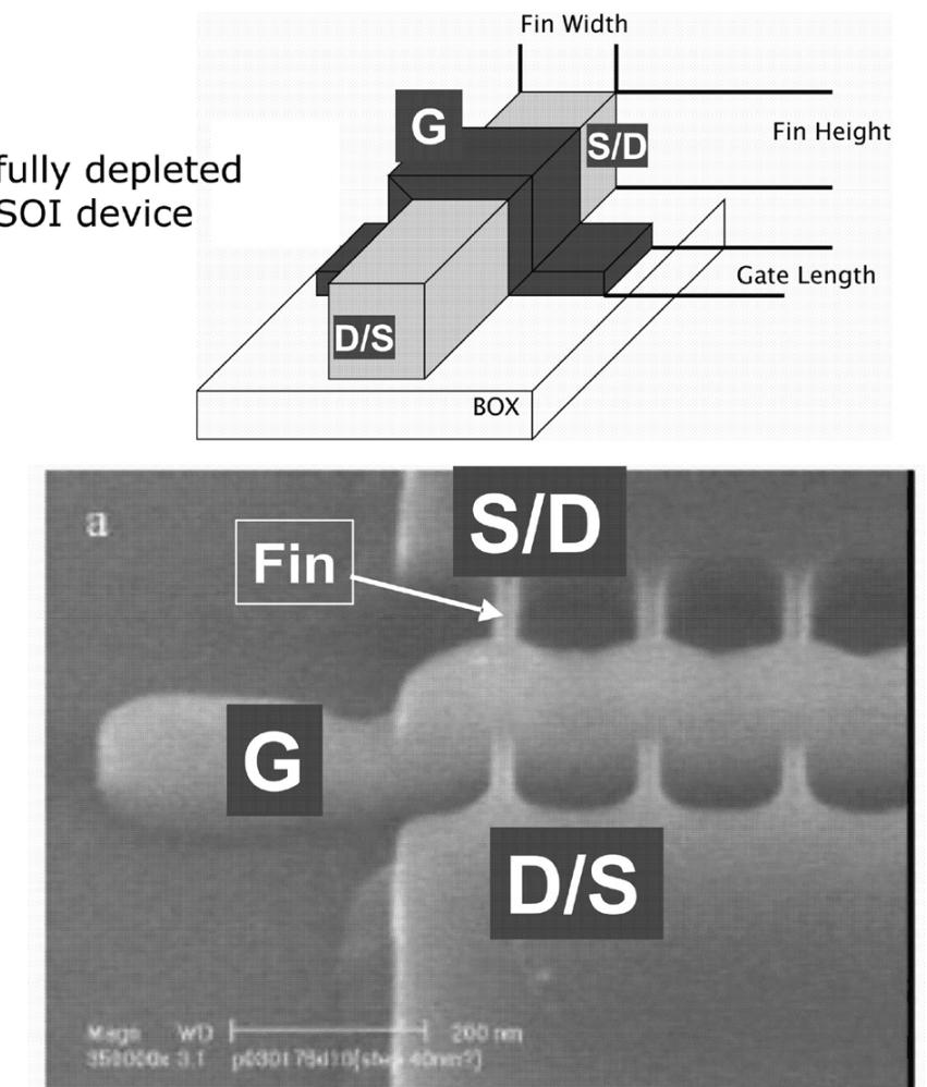 Fin Sem Example Image (top) cross section of one fin, showing gate (g), source