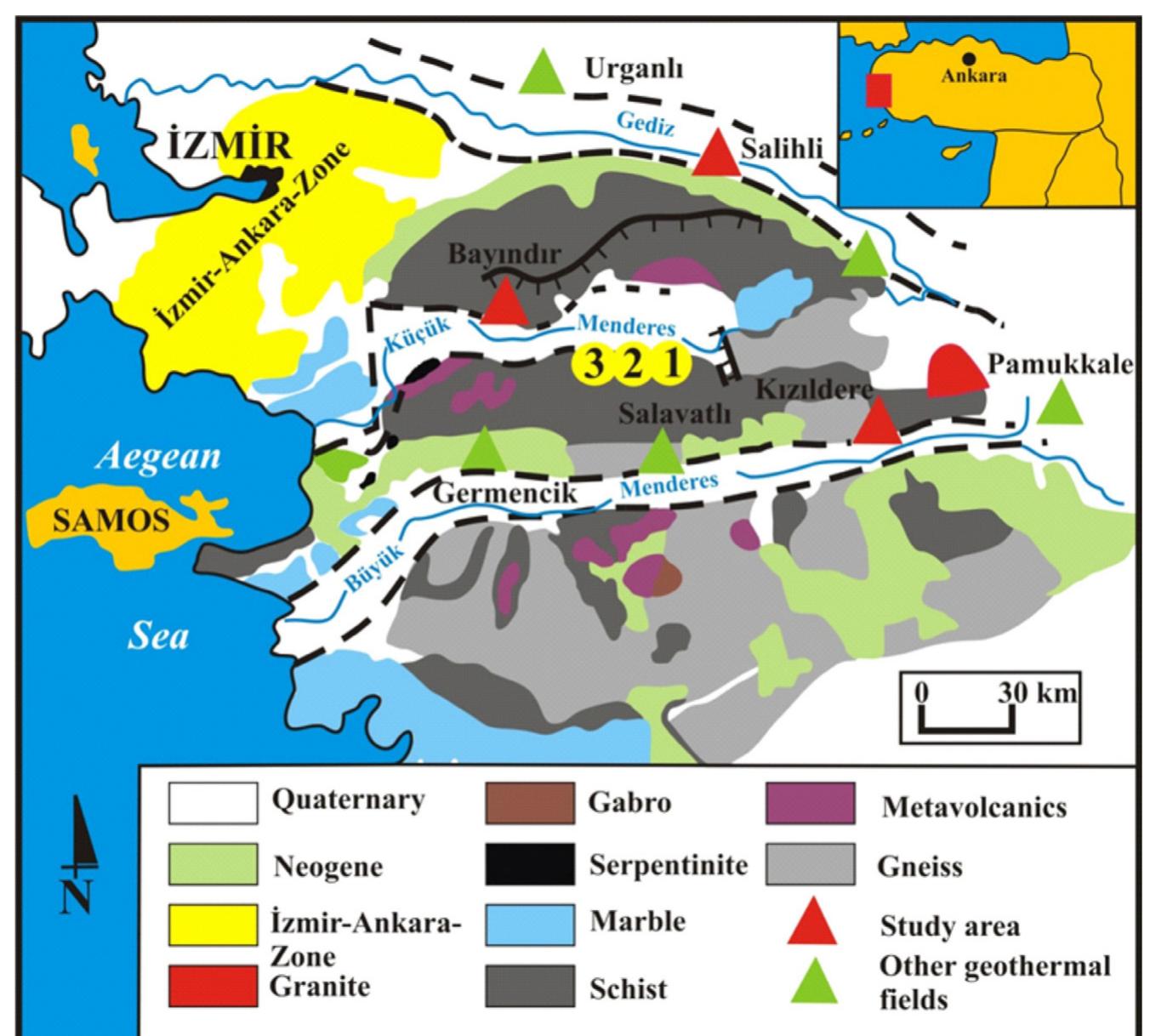 Figure 1: Geological map of the Menderes Massif and the location of the study area of Pamukkale. 1: Mercury deposit of Halik6y, 2: Antimony deposit of Emirli, 3: Arsenopyrite and gold deposit of Ktire (modified from Ozgiir, 1998). 
