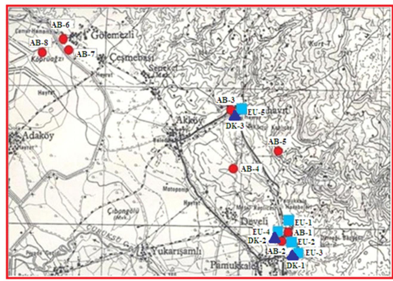 Figure 3: Sample locations of the geothermal field of Pamukkale (modified from Kiymaz, 2011; Kutlu, 2015; Uzun, 2017). 