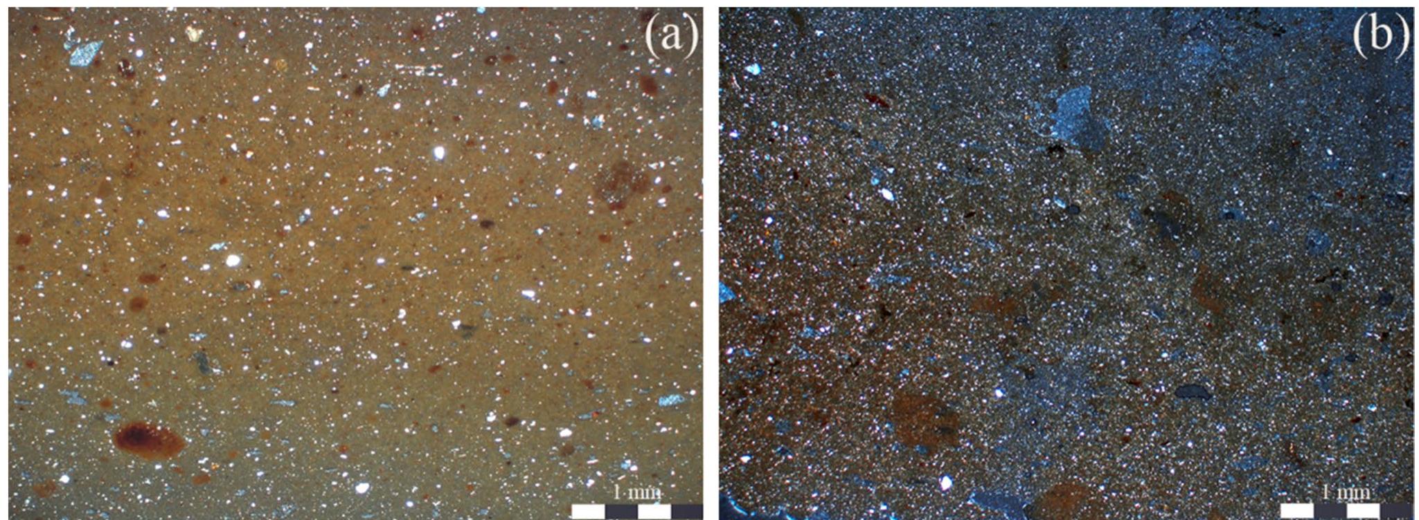 Fig. 10 Photomicrographs of fabric group I: a H12-27; b H12-32. All are taken in XP 