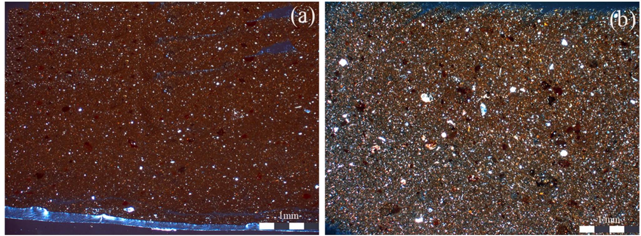 Fig. 13 Photomicrographs of fabric group M: a H12-31; b H12-50. All photomicrographs are taken in XP  Among the studied samples, a small number (n= 11) did not fit with any of the existing fabric groups (i.e., they are loners). The majority of these compositional loners belongs to the EH II period and indicates the variability in the sources of the raw material. The most distinct samples are a bowl (H09-08) whose mineral- ogical composition is incompatible with local geol- ogy and a jar (H10-13) with clear indications of clay  Fabric group M (n=2) is characterized by a micaceous clay paste. It encompasses two EH II samples, one from 