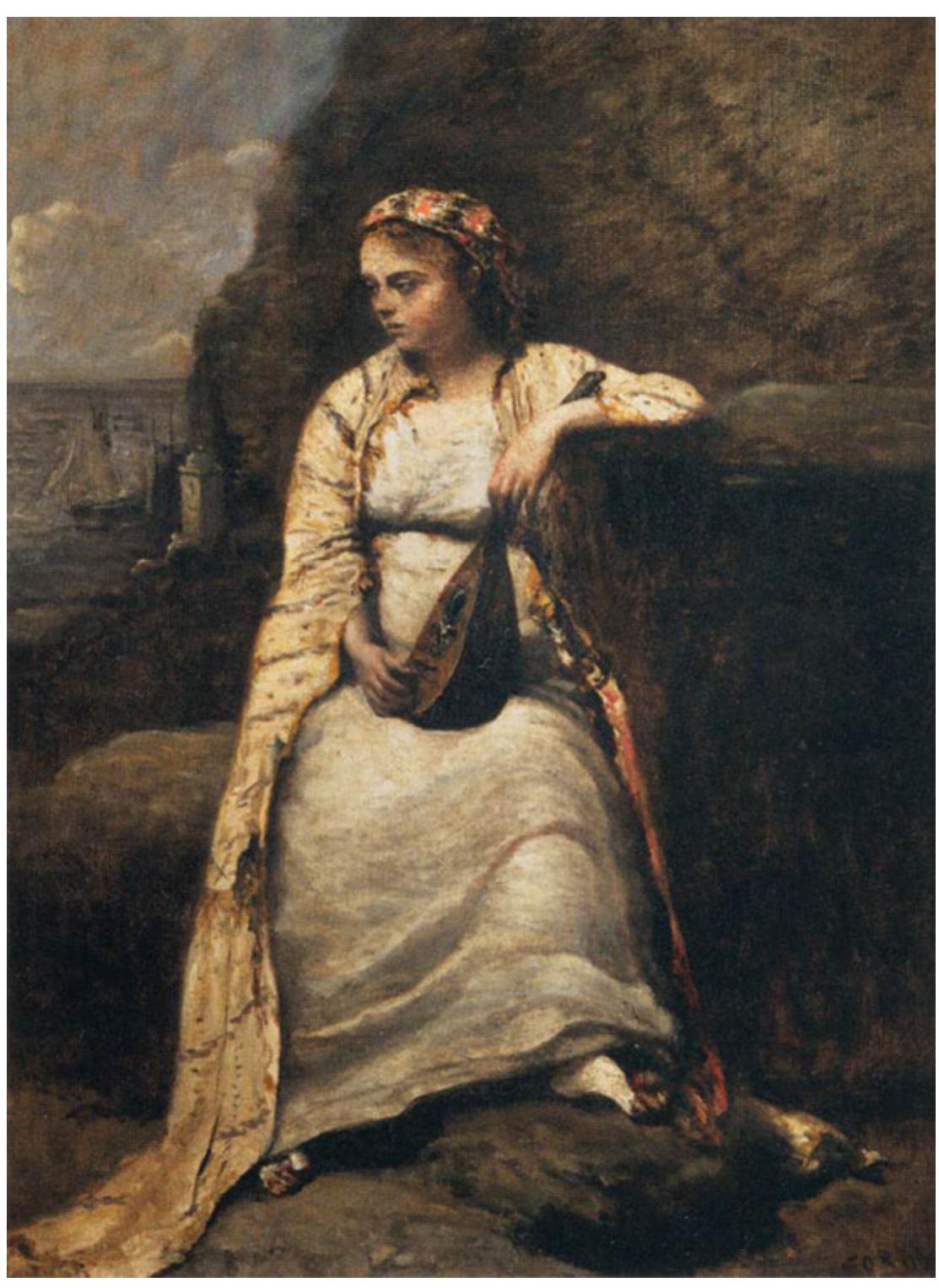 PLaAYUCE o PLEs€lice allt UleiCatitis Mer 1OLelerii€os.  Jean-Baptiste Camille Corot’s ‘Haydée, Young Woman in Greek Dress’, completed in 1872, shows a solitary girl with her instrument (Figure 4). Her dark eyes seem lost in thought, gazing into the bottom left corner of the canvas. Although she grips her instru- ment with two hands, she pays no attention to it. There is an intense perspectival duality, setween the rock on which she sits and the ship in the background. The rock’s edge in the upper left seems to carve out a separate canvas onto which the ship scene is painted. The rock is darkened by shadow, yet the light source, illuminating her gold garb, highlights most of her body. In short, Haydée looks disoriented, but her body also looks like it has been cut and pasted onto a rocky seascape. Corot’s ‘Haydée’ bears a much closer resemblance to Eastlake’s than to Colin’s painting, in that the ominous background con- rrasts with the glowing presence of the sitting subject. Corot, unlike Eastlake, painted the whole body, and so Haydée’s famed bare foot protrudes suggestively from beneath her 