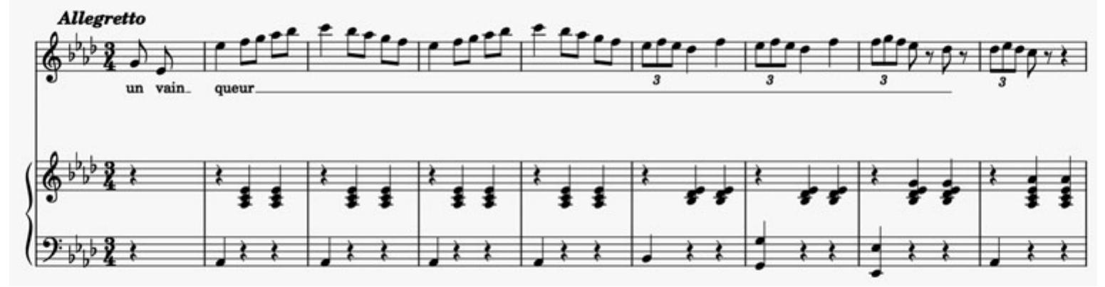 Example 3. Auber, Haydée, ou le secret, ‘Pour punir pareille offense’, Act Ill scene |.  There is conspicuously littl  melody and text makes this proclamation of vengeance hard to take Following a cadence on the dominant chord C is another pivot: the C is repea orchestra and transforms into a waltz in A flat major. Having apparently  e ‘fury’ to her F major melody, and the contrast between  seriously. ted in the forgotten  about the gravity of her circumstances, Haydée turns on her heel to sing a coquettish  tune about her secret crush whose name she dares not speak: ‘Ce nom, mon seu is name, my only happiness, is that of my conqueror’). A  / C’est celui du vainqueur’ (‘H  bonheur,  cadence initiates the third musical topos, a tense sequence of stepwise, ascending motives, during which Haydée synthesises her defensiveness over Lorédan’s poli  reputation with her personal  Haydée launches into a waltzing vocalise. Haydée the again, Haydée the exotic soprano  with her persona in Act I: li  bond to him. In the coda that follows the second cou  ting, carefree, eager to entertain, she resigns herse  Lorédan’s fate, despite being free of enslavement.® Though never dipping into exotic  leur locale, these four musical Corot and other painters: as o  topoi illustrate Haydée in a way similar to that of East  rnate, reverential, musical and statuesque.  tical plet,  ovelorn queen becomes, once Example 3). Her wordless vocalising is consistent  f to cou-  ake,  Although she never vocalises on a neutral vowel as Haydée does, Verdi’s Aida discloses  Ee: ee, Le LE Se on ee, ee ae 