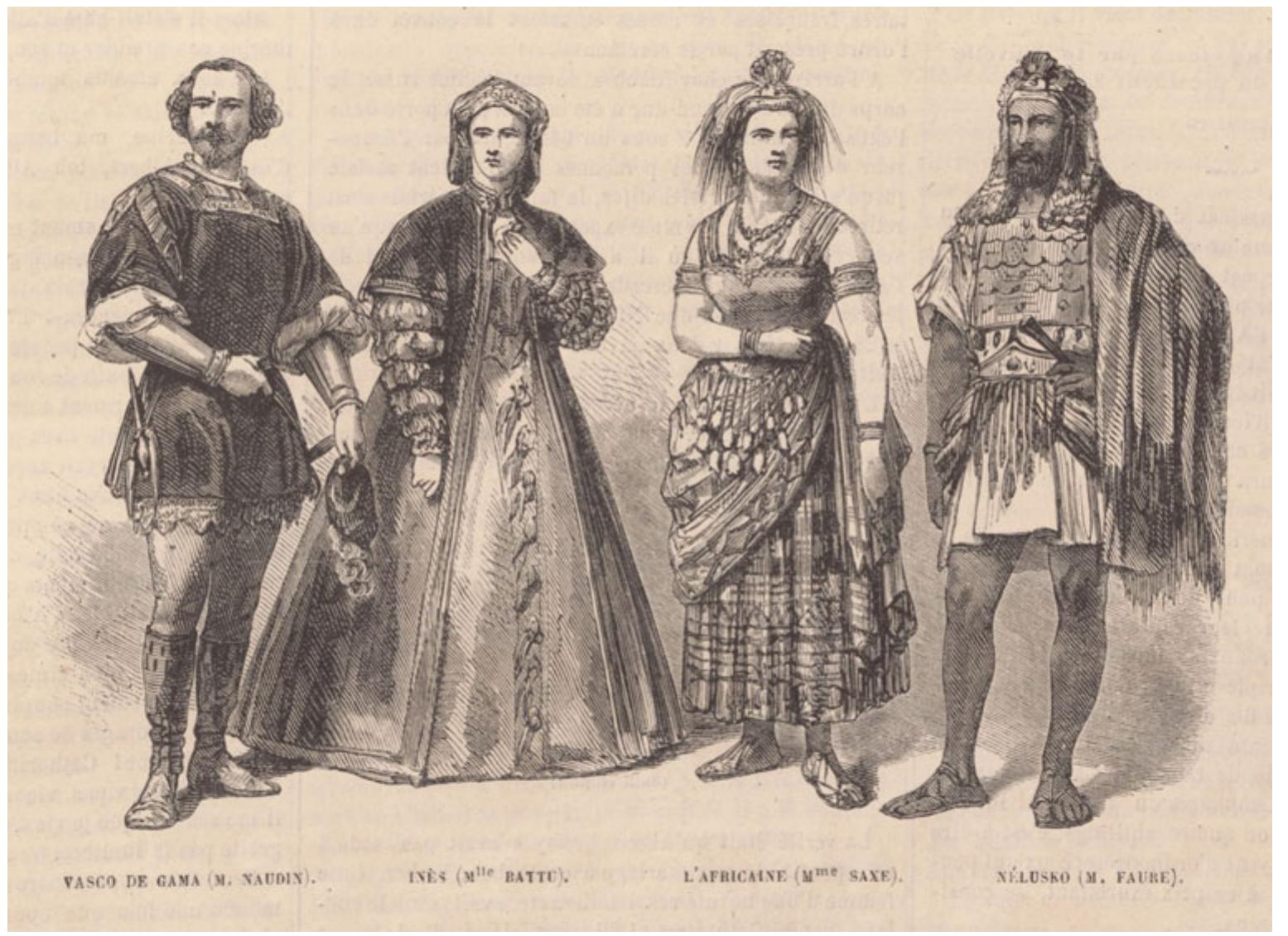 Figure 5. Principal singers in costume for the premiere of Meyerbeer’s L’Africaine. Le monde illustré (6 May 1865). (colour online) 