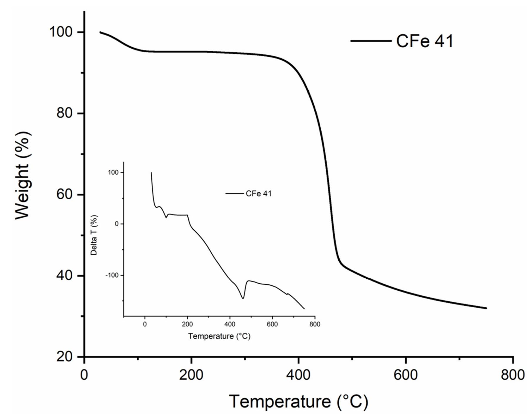 Figure 2. TG and DTA curves of the CFe 41 sample in Nz atmosphere. 