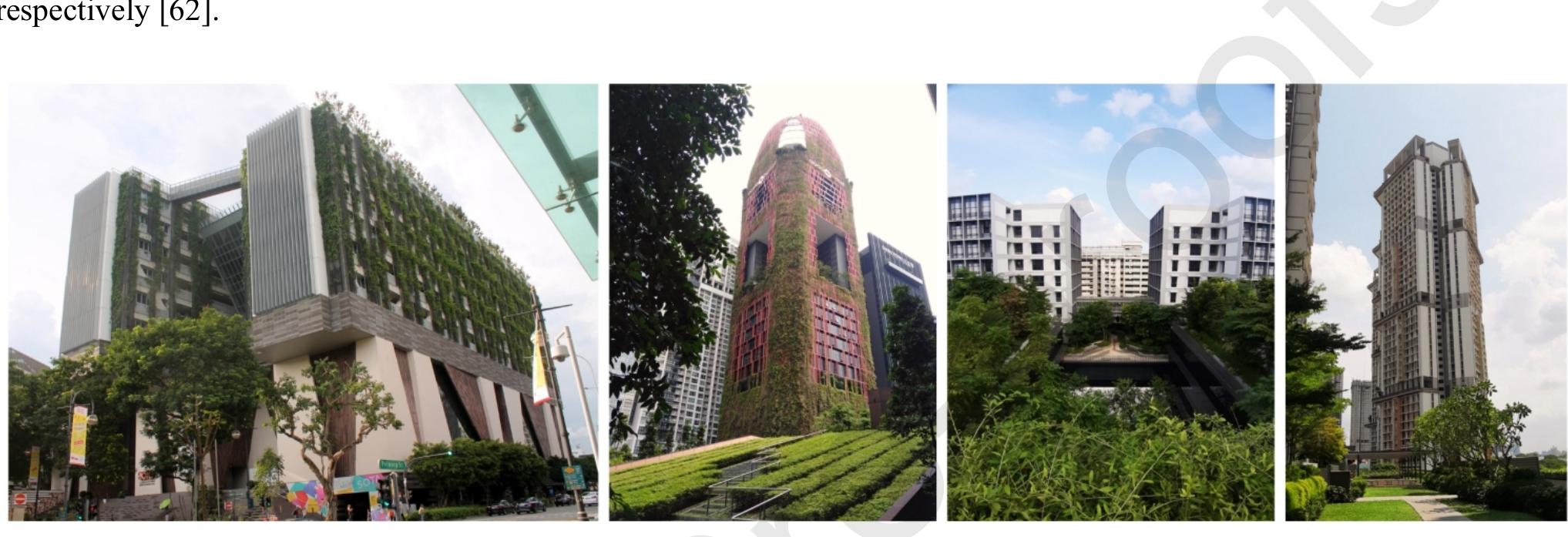 Figure 1. From left to right: School of the Arts (SO), OASIA Hotel Downtown (OA), Kampung Admiralty (KA) and Skyville@Dawson (SV).  Figure 7). In summary, perimeter buffers (e.g. balconies, corridors) are semi-outdoor spaces with limited depth adjacent 