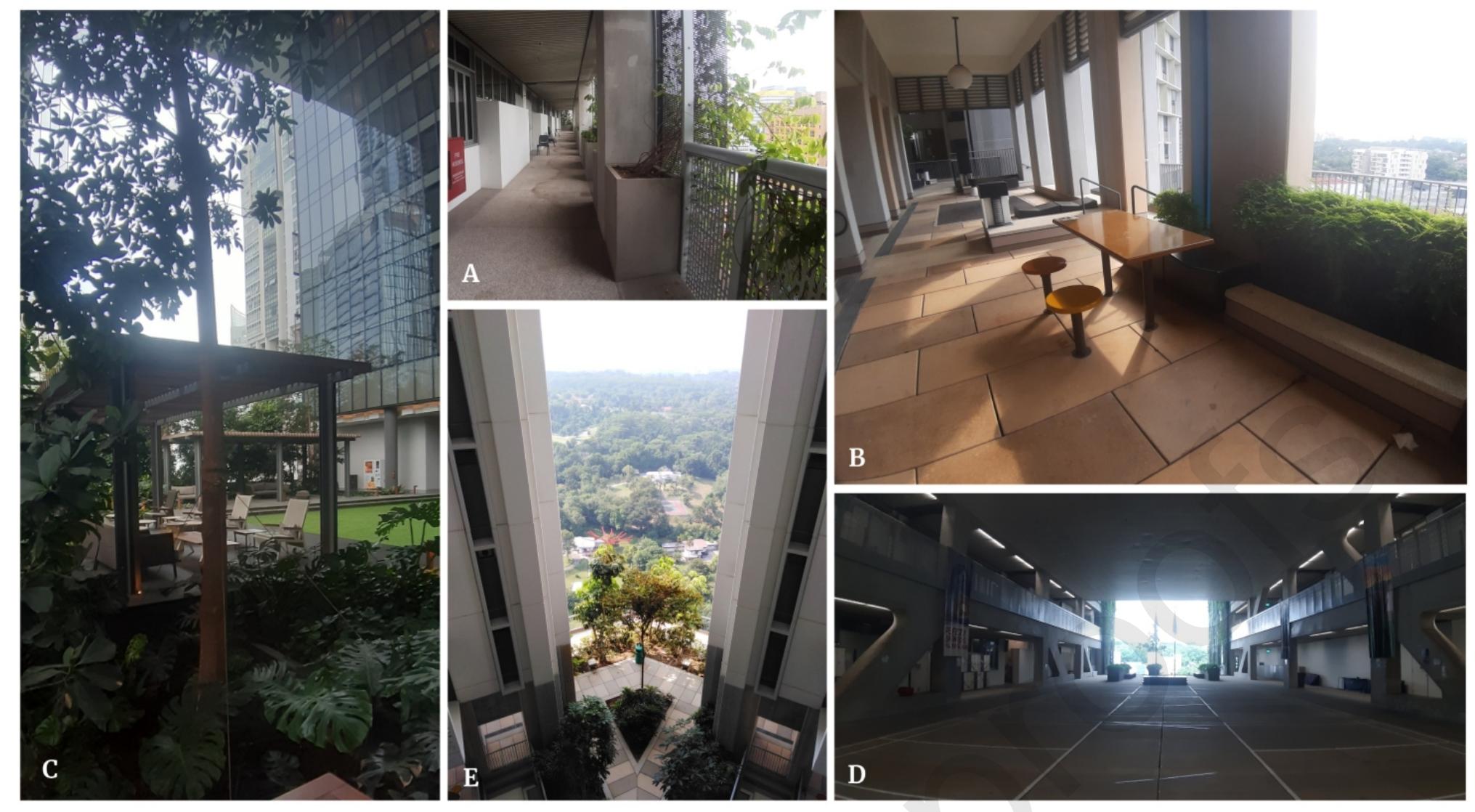 Figure 2. Semi-outdoor space labelling according to a previous study: A (perimeter buffer, e.g. SOS11 in SO); B (sky terrace, e.g. SOS49 in SV); C (breezeway atrium, e.g. SOS 13 in OA); D (horizontal breezeway, e.g. SOS3 in SO); and E (vertical breezeway, e.g. SOSS1 in SV). 