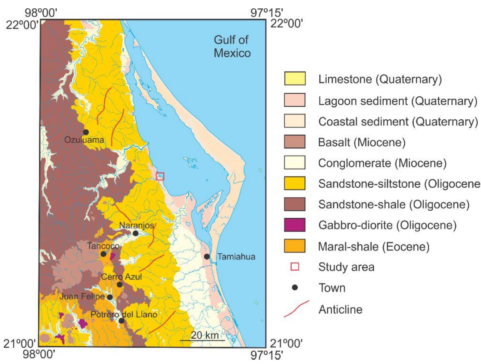 Figure 2. Geologic map of the area. Modified from Maldonado Lee et al., (2004) [32]. 