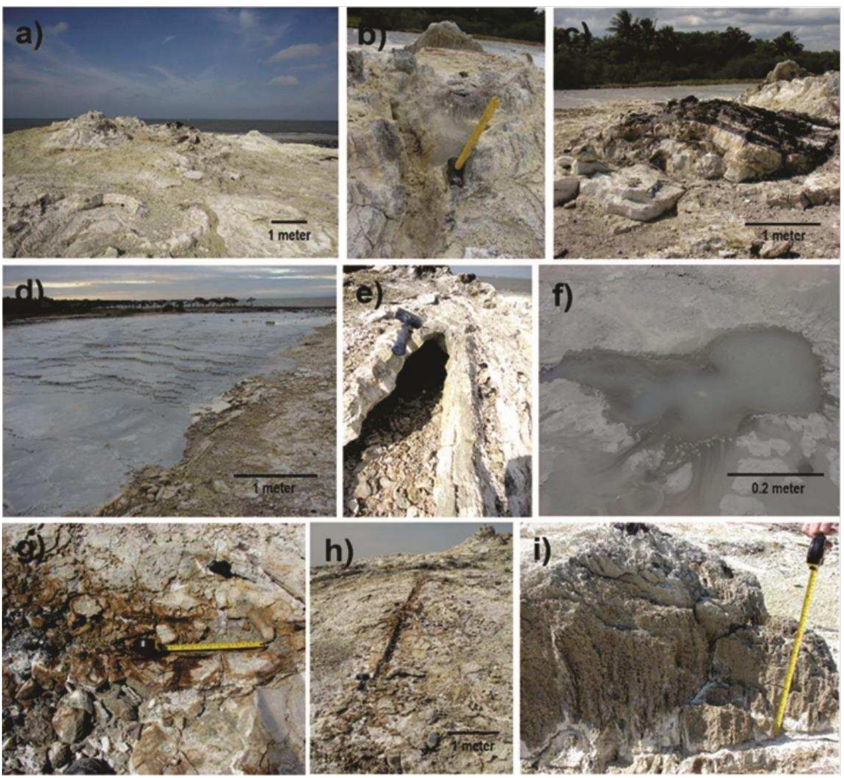 Figure 3. General and detailed views of the travertine formation at Tamiahua. (a) General view of the travertine formation; (b) main fumarole where the steam outlet can be seen (E-W direction); (c) sub-horizontal carbonate and black hydrocarbon layers near the vent; (d) general view of aragonite terraces; (e) cavity in the superficial part of the principal mound; (f) general view of the spring water; (g) iron mineral deposit associated with fractures near the vent; (h) fault with NW-SE orientation;  and; (i) vertical layers of aragonite (banded palisade carbonate) travertine near the fumarole cone (E-W direction). 