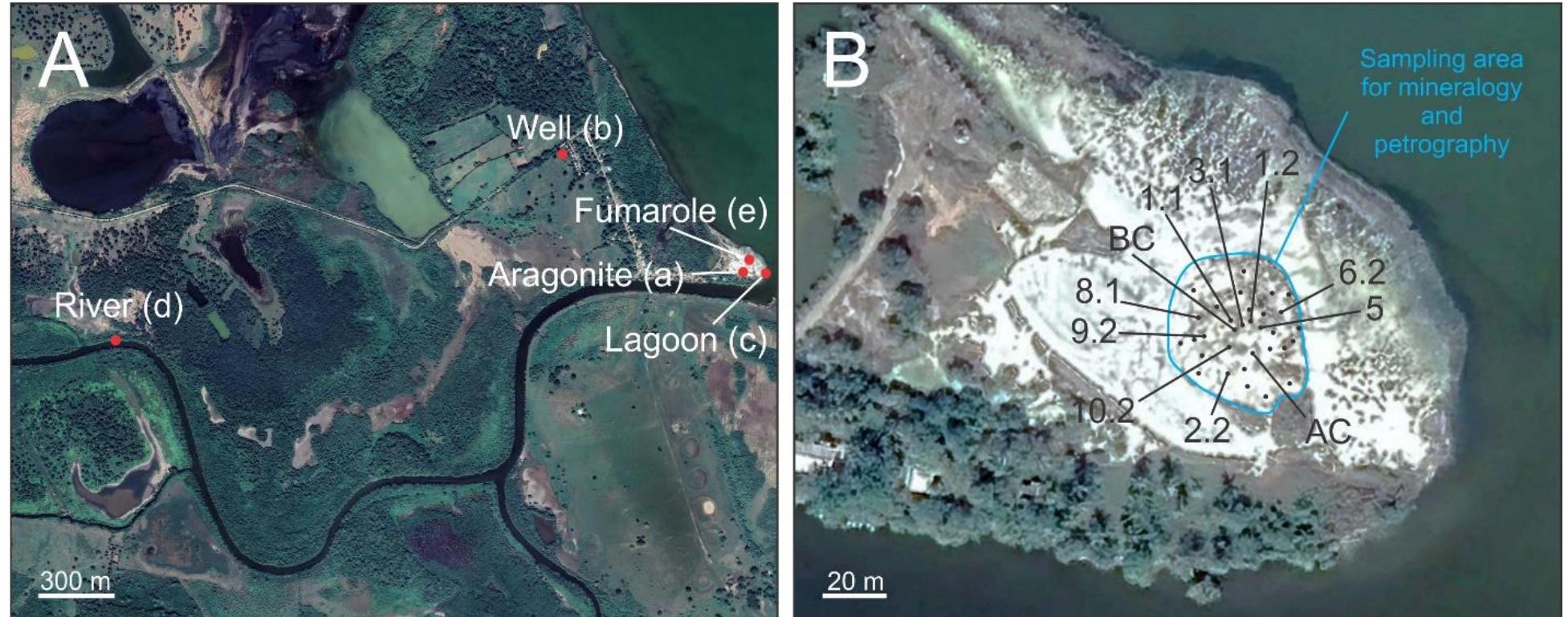 Figure 4. Location of sampled waters (A) and rocks (B) of the studied site at Tamiahua Lagoon. In the left image (A): (a) thermal water that emanates from the aragonite terraces; (b) freshwater from a well close to the area; (c) seawater from the coast of Tamiahua Lagoon; (d) water froma small river that flows next to the carbonate formation and flows into the lagoon; and (e) condensate from the fumarole obtained using a titanium bell. In the right image (B): to avoid overlapping samples in the figure, only the rock samples that have been cited in the body of the manuscript have been labeled.  Forty-seven rock samples from the travertine formation were collected from several sites (Figure 4), cut, and polished to characterize mesofabric textures, after which they were selected as dedicated samples for the transmitted light petrographic analysis (Figure  4). Polished  slabs and thin sections were observed with a Zeiss Discovery V8 and a Zeiss  Axio Imager A2m, respectively; both are equipped with an AxioCam camera (Carl-Zeiss  Micrscopy, graphic and vacuum (as ualized wit  Oberkochen, Germany). Microscopic features were described using petro- scanning electronic microscope observations (SEM). The SEM operated at low environmental electronic microscope) and this allowed the samples to be vis- hout coating them. Nitrogen gas and small pressure variations were used to  increase conductivity. Samples were studied using both backscattered electrons (BSE) and semi-quantitative analysis by energy-dispersive X-rays (EDS). The equipment used was a  Zeiss mode  EVO MAIO (Carl-Zeiss Micrscopy, Oberkochen, Germany) from the Labora-  tory of Electron Microscopy and Nacional de Geoquimica y Microanalysis of LANGEM (Laboratorio Mineralogia, UNAM, Mexico City, Mexico). 