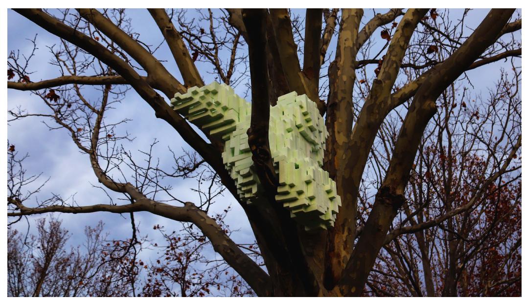 Fig. 1. A prosthetic-nest prototype installed in a living tree. (© Dan Parker and Stanislav Roudavski) 