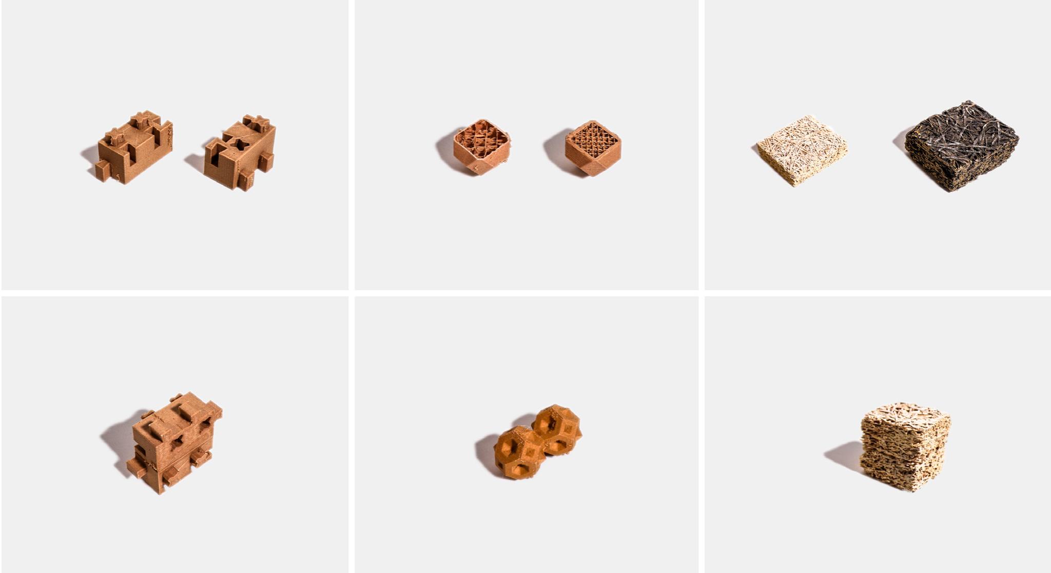 Fig. 9. Prototyping of nest components. Left: interlocking and stacking mechanisms for 3D-printed wood modules. Middle: internal density, edge thickness, and shape adjustments for 3D-printed wood modules. Right: size, stacking, porosity, and strength examination of CNC-cut wood-cement blocks for hempcrete nests. 