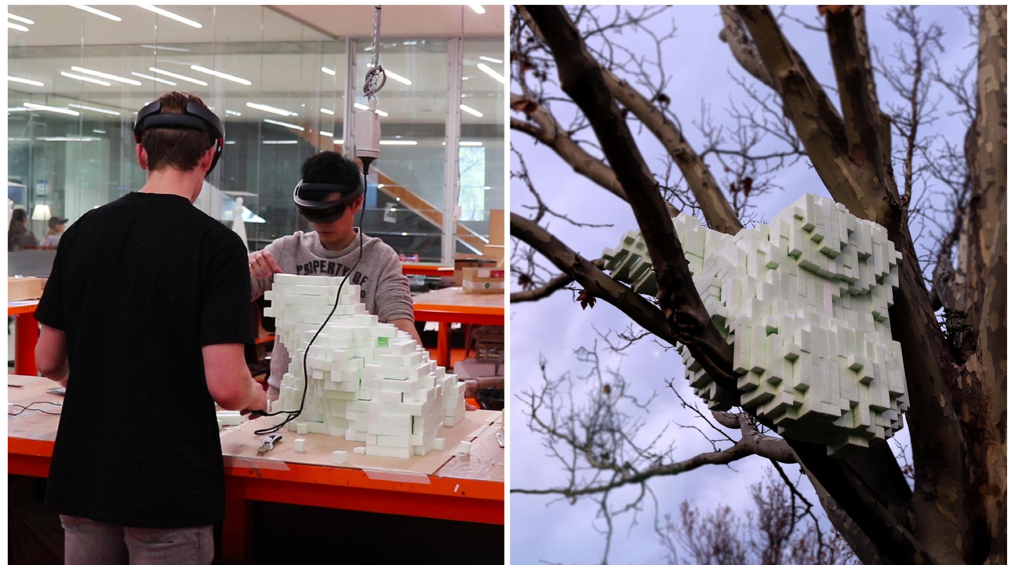 Fig. 10. Prosthetic-nest physical prototype. Left: fabrication using augmented-reality assembly. Right: proof-of-concept installation in a living tree. Augmented reality techniques allow non-specialists to produce complex designs with minimal training by overlaying con- struction templates onto physical objects. Here, head-mounted displays guide the placement of modules. This modular approach makes construction simple and results in easily adjustable configurations of different materials and geometries. 