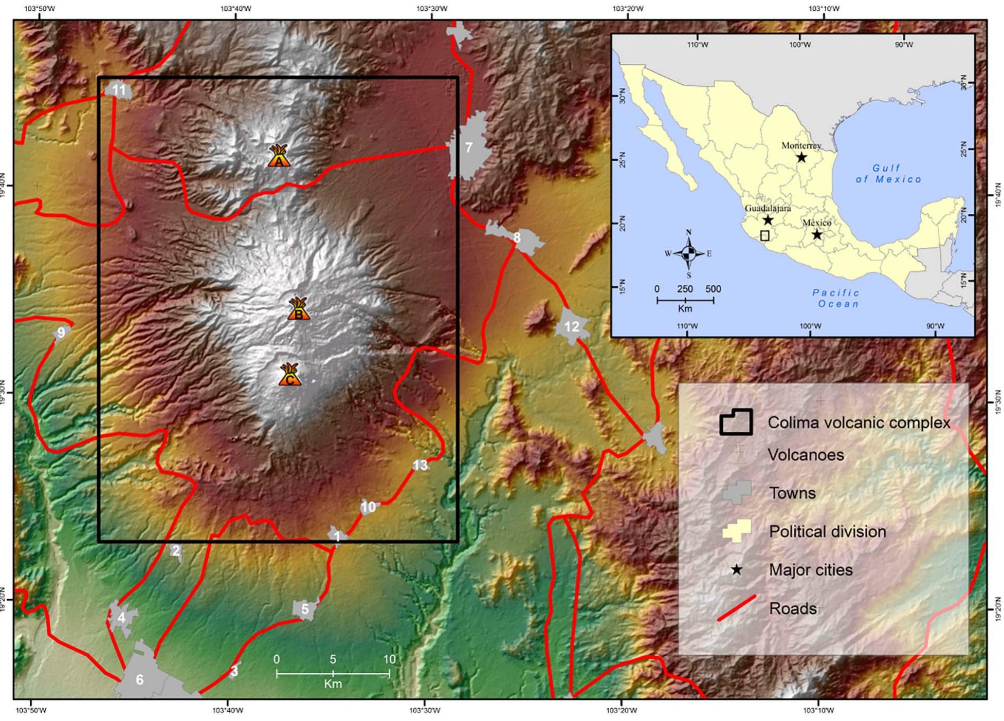 Fig. 4. Location OF Colima Volcanic Complex.  The Colima Volcanic Complex is located south of the city of Guadalajara and is constituted by three stratovolcanoes arranged from N to S. El Cantaro (A) volcano is located at the northern end, followed by the Nevado de Colima (B), and at the southern end the youngest volcano, Volcan de Colima (C). CVC neighboring localities are located in two states, Colima: Queseria (1), Cofradia de Suchitlan (2), El Trapiche (3), Comala (4) and Villa de Alvarez (5). Jalisco Ciudad Guzman (7), Zapotiltic (8), Zapotitlan de Vadillo (9), Tonila (10), San Gabriel (11), Tuxpan (12) and San Marcos (13). 