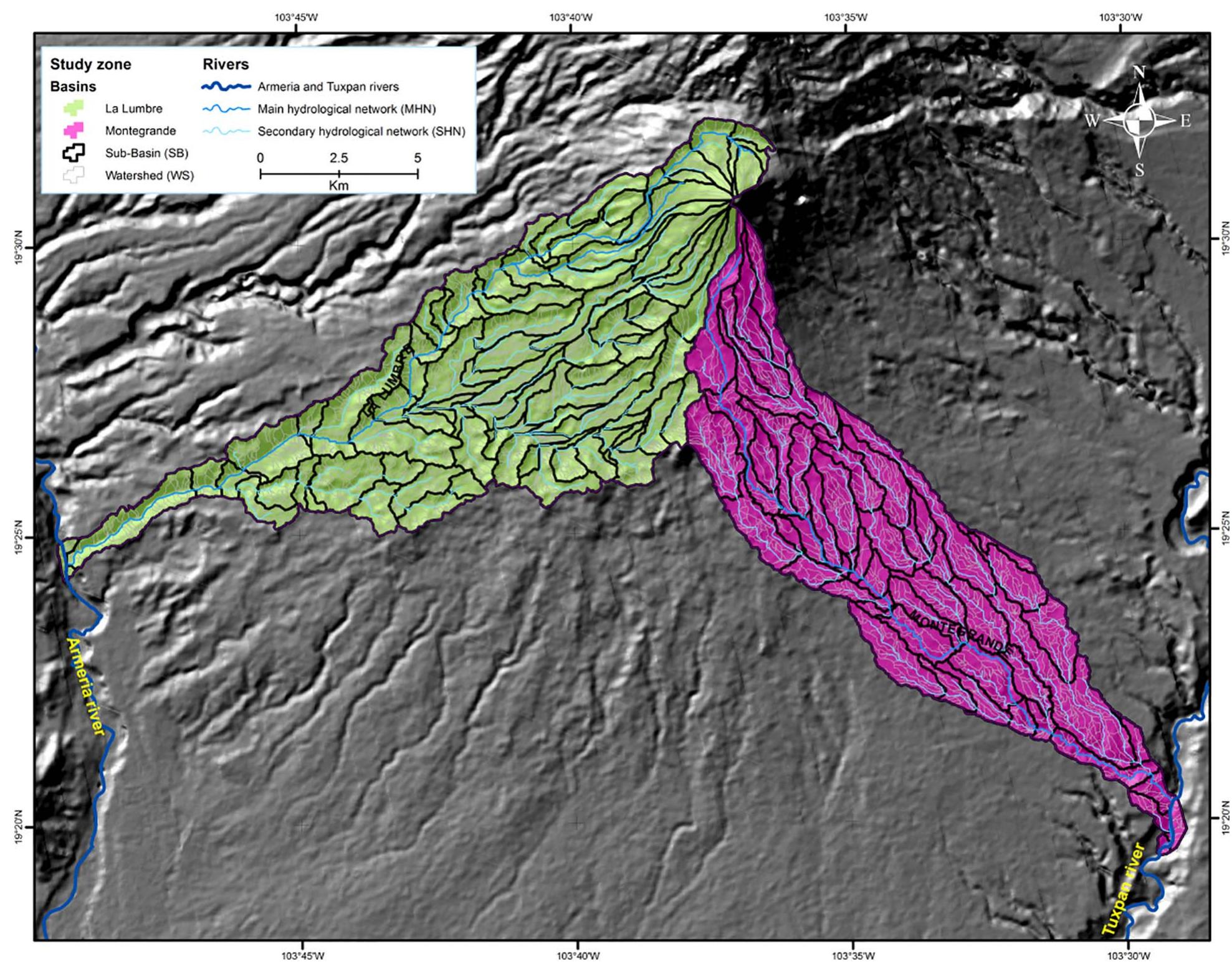 Fig. 6. Main hydrological network (MHN), secondary hydrological network (SHN), sub-basins (SB) and watersheds (WS). 