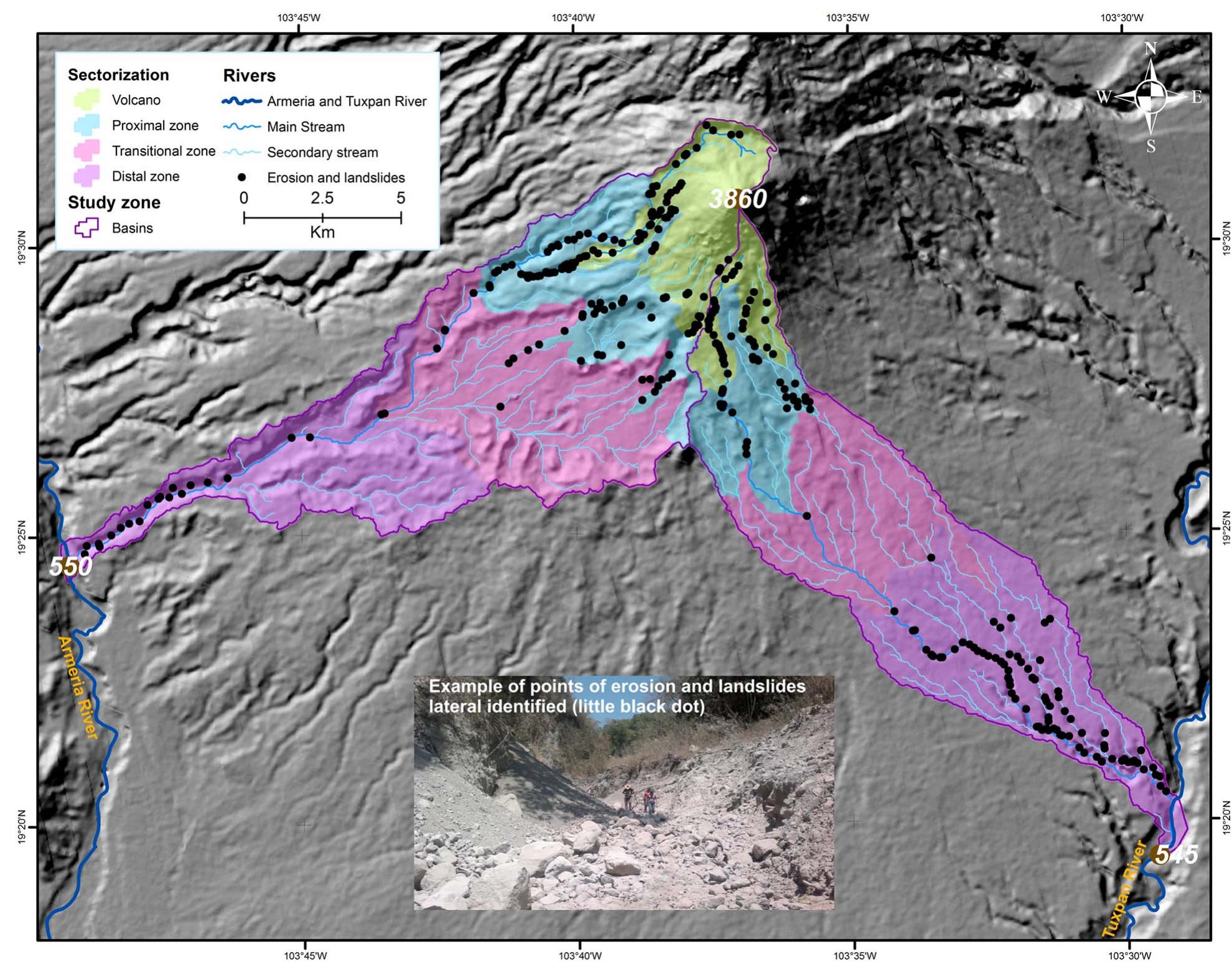 Fig. 7. Subdividing the study area based on geomorphology. The beginning and the end of the main runoff are represented by brown points. The white numbers show the m.a.s.l. of each point. (For interpretation of the references to color in this figure legend, the reader is referred to the web version of this article.) 
