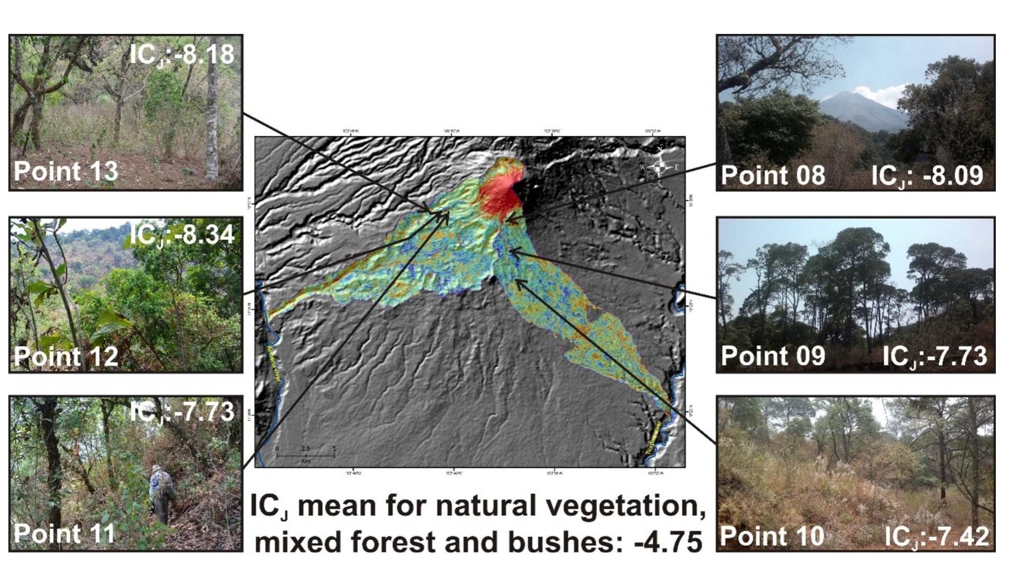 Fig. 14. Location of points in areas with natural vegetation.  Fig. 13. Location and IC; values for points on sites with bare soil. 