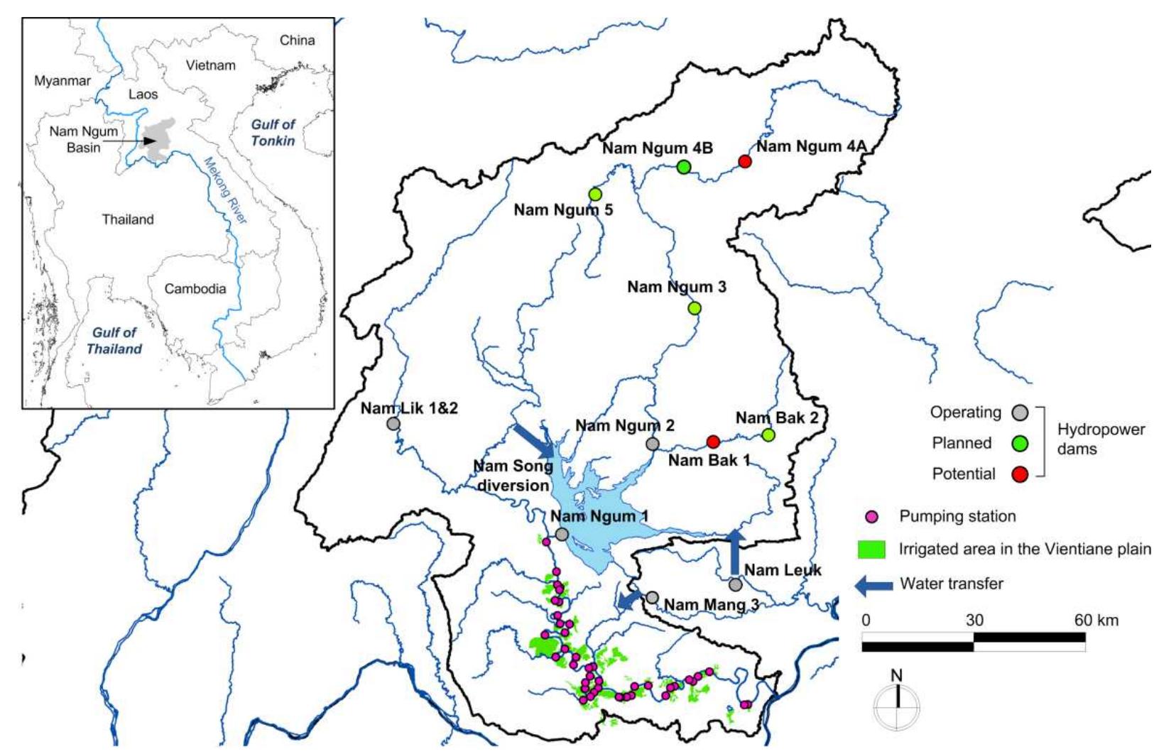 Figure 1. Location of hydropower dams, water transfers and pumping stations in the Nam Ngum Basir  from the Nam Song River into the NN1 reservoir (Figure 1). 