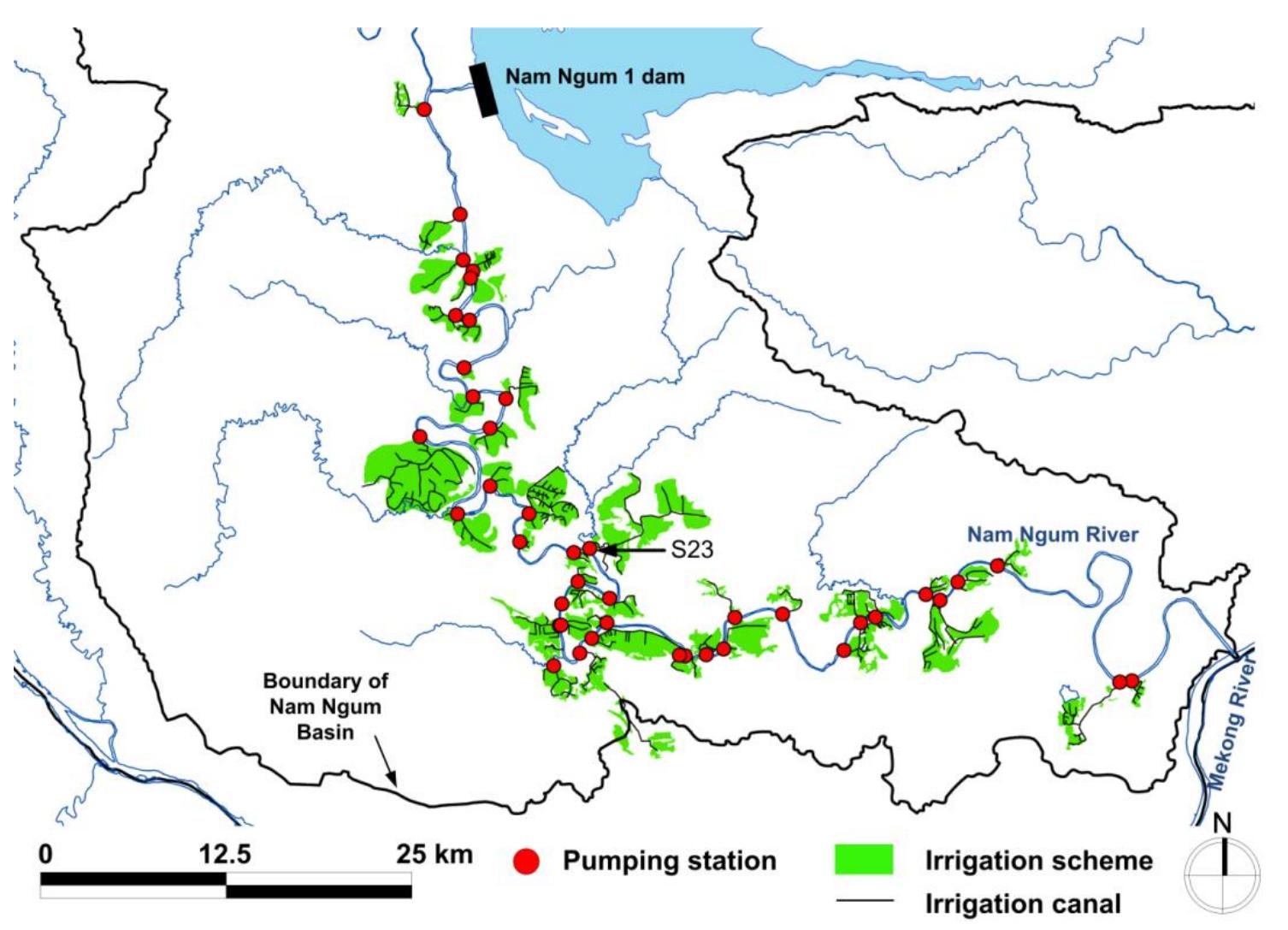 Figure 2. Irrigated areas from the stations pumping in the Nam Ngum River in the Vientiane plain. Pumping station $23 | shown in Figure 3 