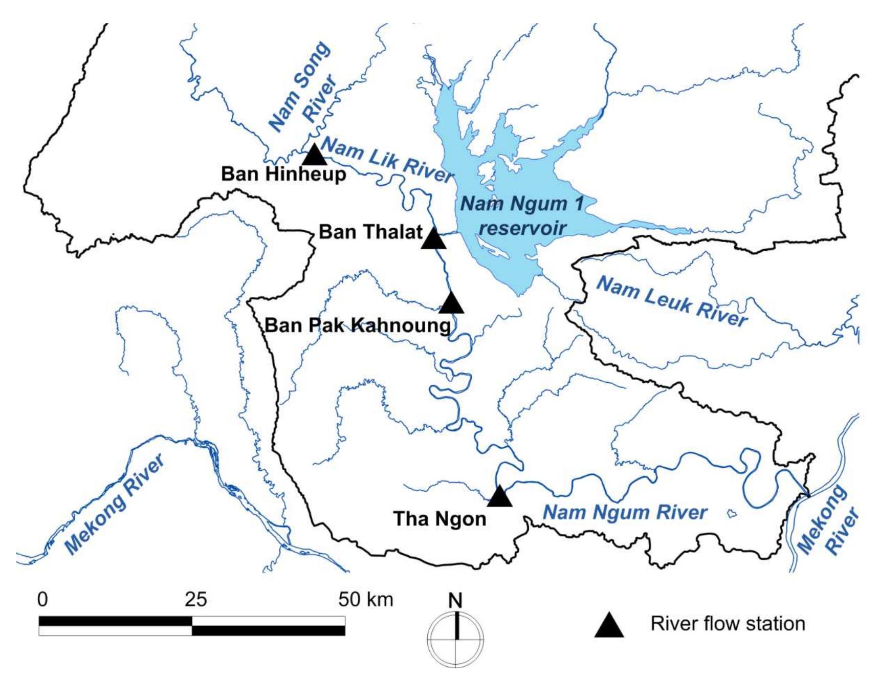 Turbine and spillway outflows from NN1, about 4 km upstream from the confluence between Nam Lik and Nam Ngum River, have been measured continuously since January 1972. The estimation of the Nam Ngum River flow is hereafter referred to as “NN1+Ban Hinheup”. The location of these flow stations is detailed in Figure 5.  Figure 5. Location of river flow stations in the Lower Nam Ngum Basin 