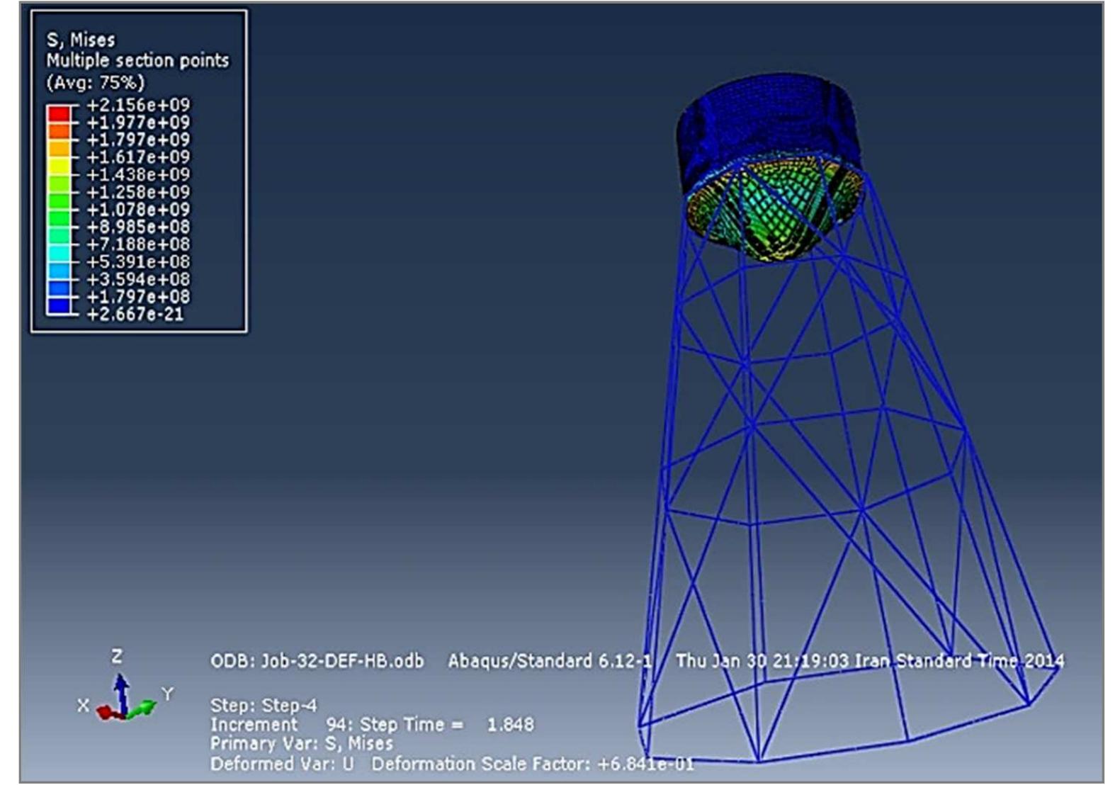 Figure 20. Stress in a flexible elevated storage tank equipped with a horizontal baffle.  Figure 20 shows the stress in a flexible elevated storage tank with a horizontal baffle resulting from Abaqus software. 